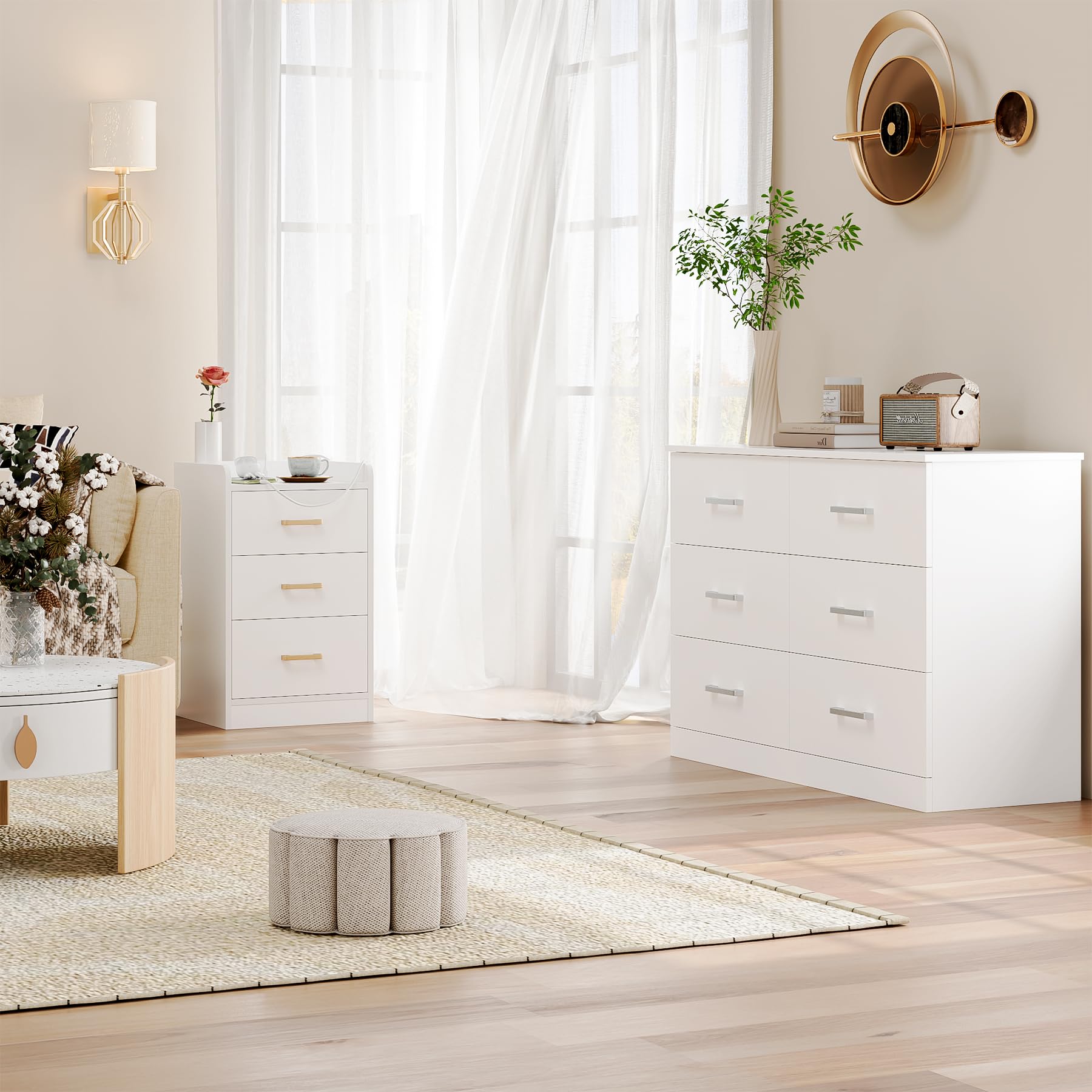 FOTOSOK White Dresser, 47.2'' Large 6 Drawer Dresser Wide Chest of Drawers for TV Stand, Modern Dresser White Floor Storage Drawer Cabinet for Home Office, White