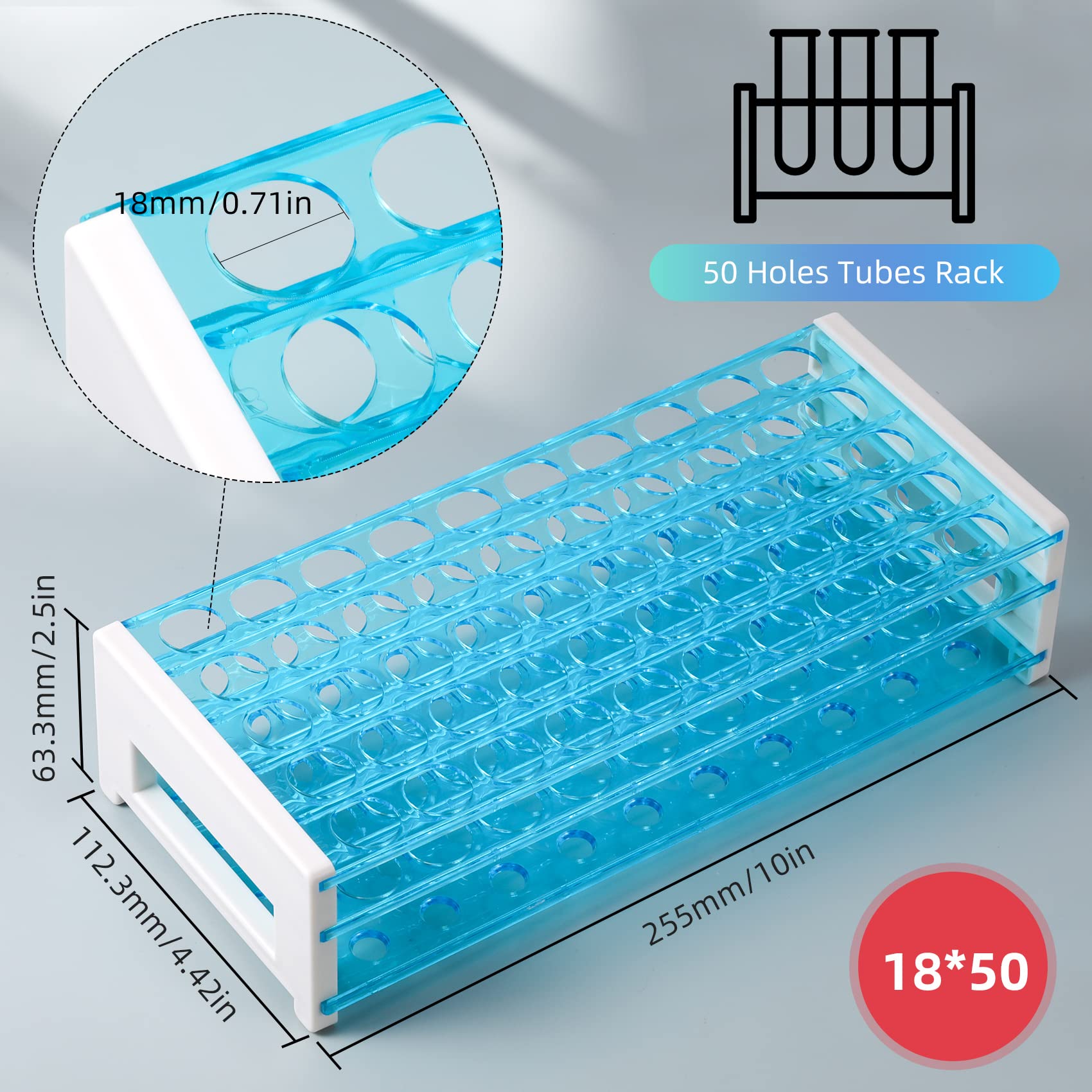 Annhua Test Tube Rack Plastic for 18 mm Tubes Holder Tray, Holds 50, Lab Tube Holder Rack Tube Stand for Sicence Laboratory, Classroom and Home Use - Detachable, Rack Only