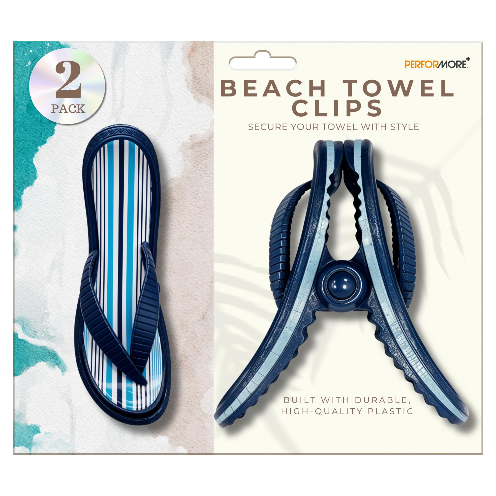 PERFORMORE Flip Flop Beach Towel Clips (Blue Strap), 2-Pack, Portable Towel Holder Clips, Secure Clips for Beach Chairs Deck Patio Pool Boat Cruise Lounge Chair Accessories