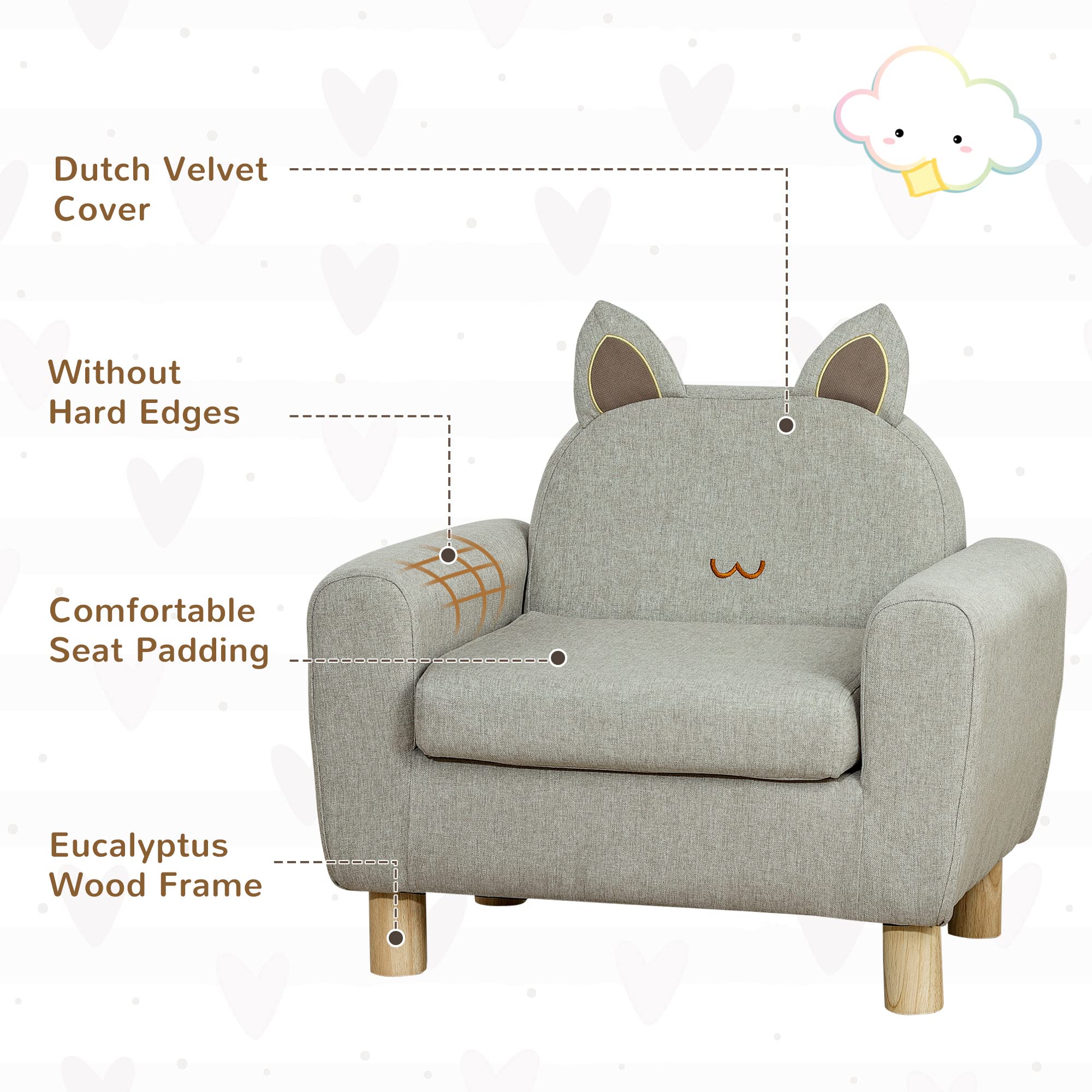 Qaba Kids Sofa, Toddler Armchair and Couch with Cat Ear Backrest and Wooden Legs Preschool, Bedroom, Kindergarten, Grey