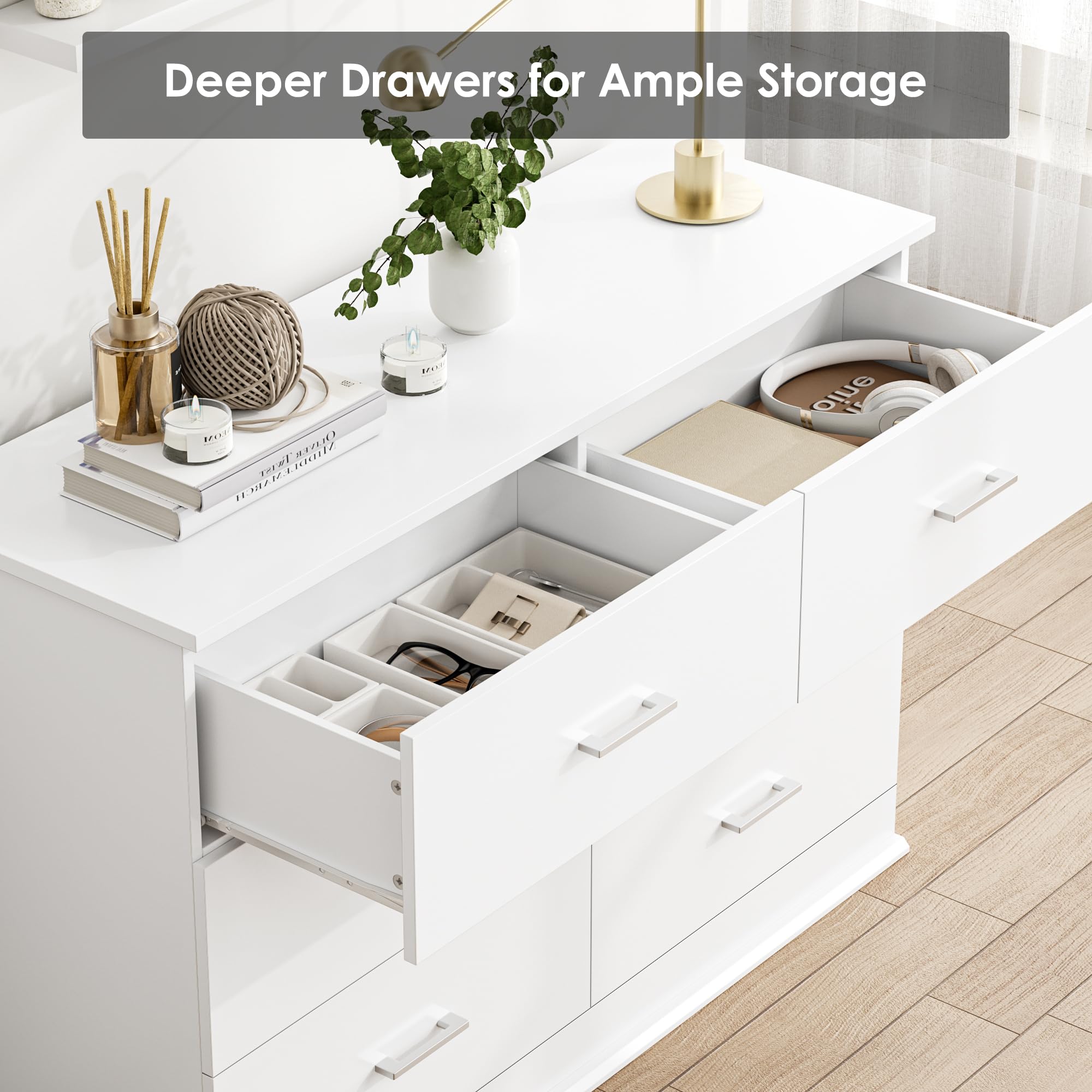 FOTOSOK White Dresser, 47.2'' Large 6 Drawer Dresser Wide Chest of Drawers for TV Stand, Modern Dresser White Floor Storage Drawer Cabinet for Home Office, White