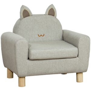 qaba kids sofa, toddler armchair and couch with cat ear backrest and wooden legs preschool, bedroom, kindergarten, grey