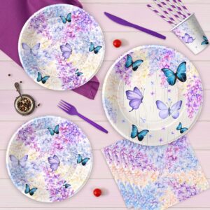 HIPVVILD Butterfly Party Decorations Tableware - Butterfly Birthday Party Supplies, Plate, Napkin, Cup, Tablecloth, Cutlery, Straw, Hydrangea Butterfly Baby Shower Decorations Dinnerware | Serve 24