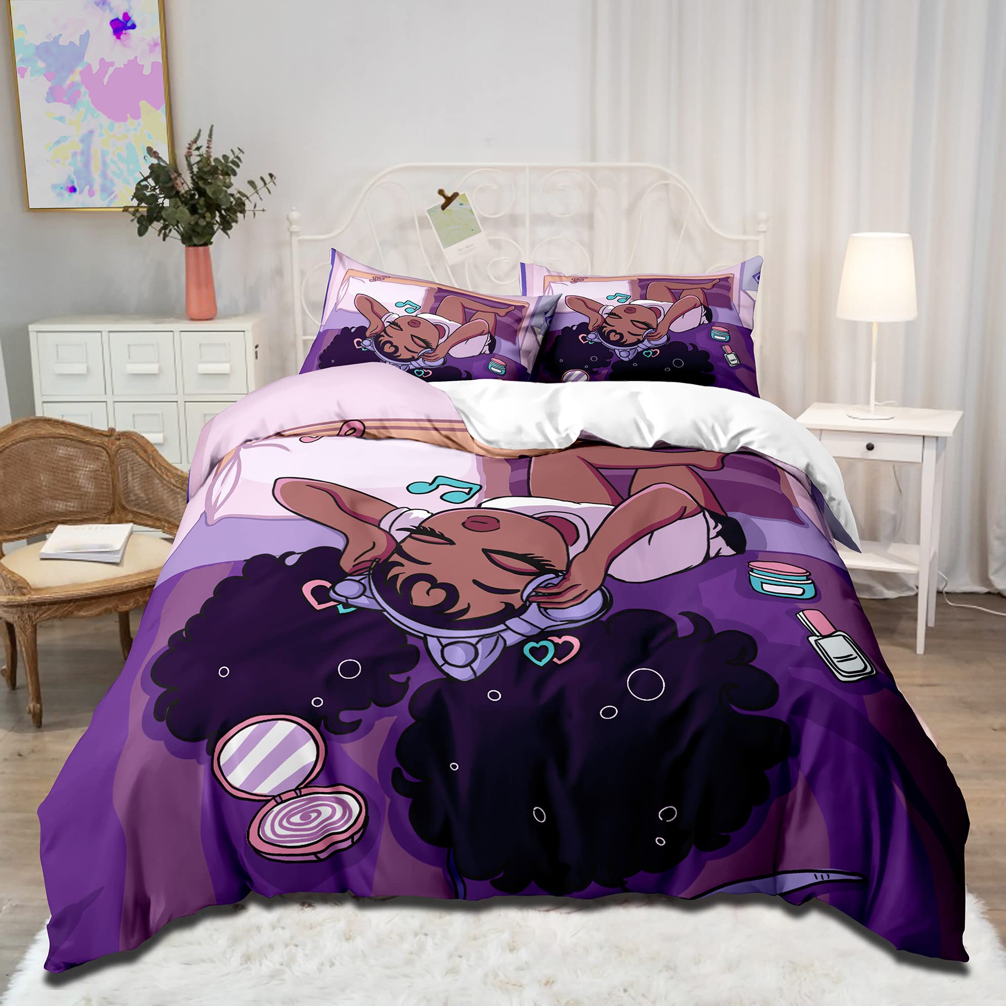 kodhyvj Black African American Girls Duvet Cover Sets, Pretty Afro Black Girl Bedding Sets, Black Girl Love Music Purple Bedding Set, Twin Size for Black Womens Girls Kids Room Gifts No Comforter