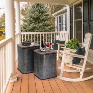 RUSTOWN Farmhouse Accent Side Table, Rustic Storage Ottoman Seat Stool, Galvanized Antique Metal End Table Box Bin with Square Wood Lid, Nesting Pieces Two (Square&Galvanized)