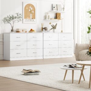 FOTOSOK White Dresser, 47.2'' Large 6 Drawer Dresser Wide Chest of Drawers for TV Stand, Modern Dresser White Floor Storage Drawer Cabinet for Home Office, White