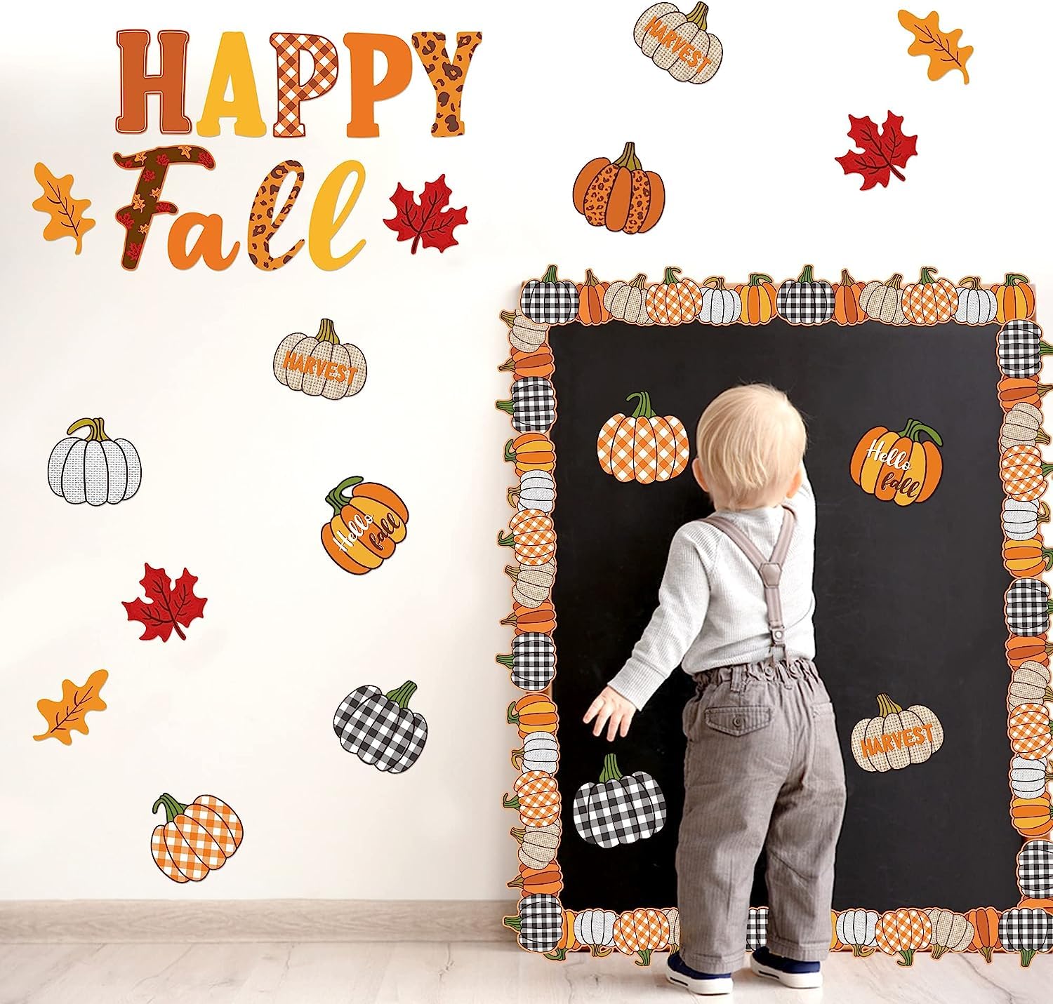 BeYumi 93Pcs Happy Fall Pumpkin Cutouts Bulletin Board Set Hello Fall Cutouts with Farmhouse Pumpkin Borders Trim Halloween Thanksgiving Theme Party Decoration Supplies for Home Sweet Classroom School