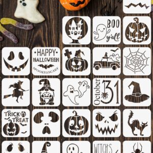 RINOLY 24 PCS Small Halloween Stencils for Painting on Wood, 3x3 inch Halloween Pumpkin Stencils Reusable for DIY Ornaments Halloween Decoration