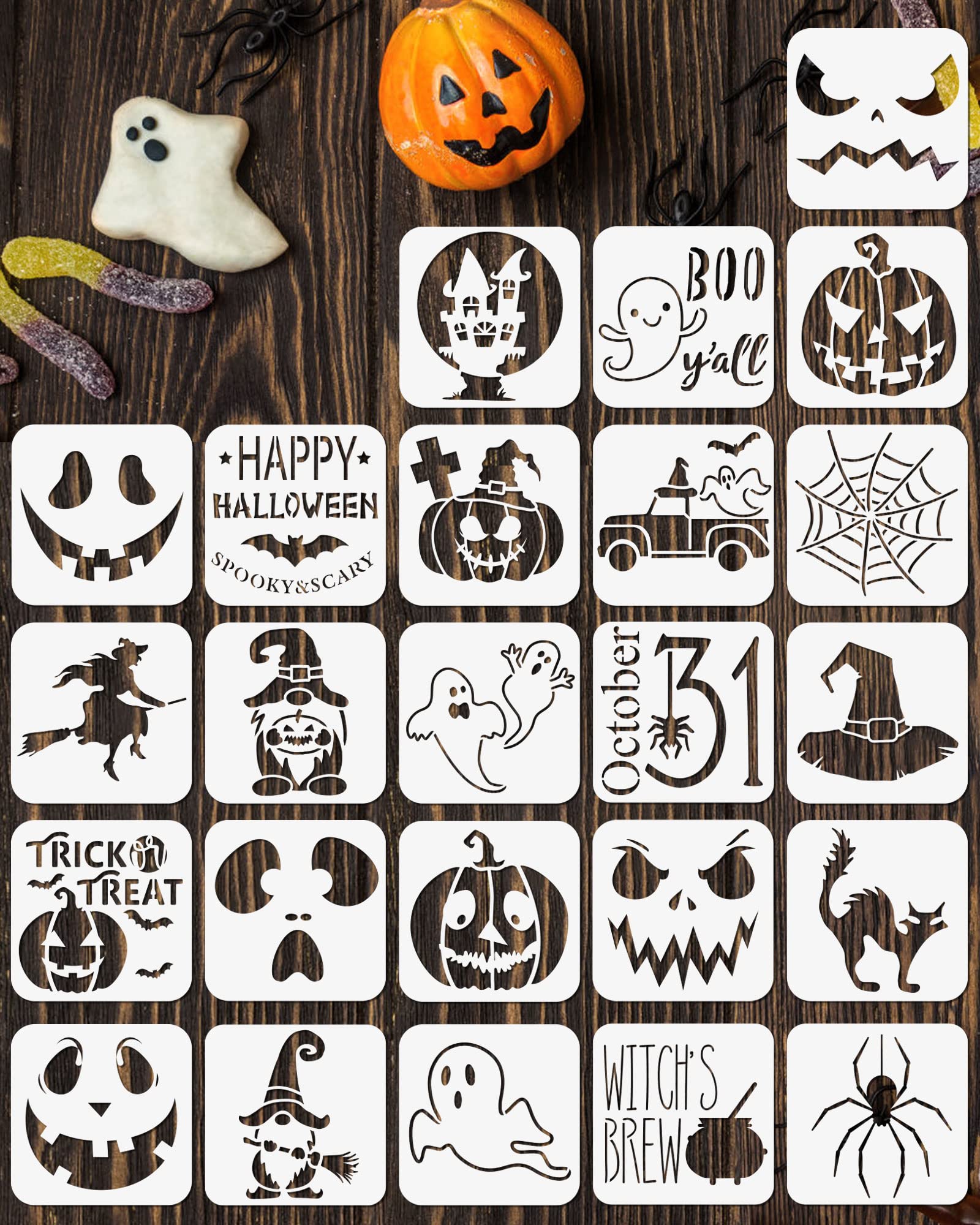 RINOLY 24 PCS Small Halloween Stencils for Painting on Wood, 3x3 inch Halloween Pumpkin Stencils Reusable for DIY Ornaments Halloween Decoration