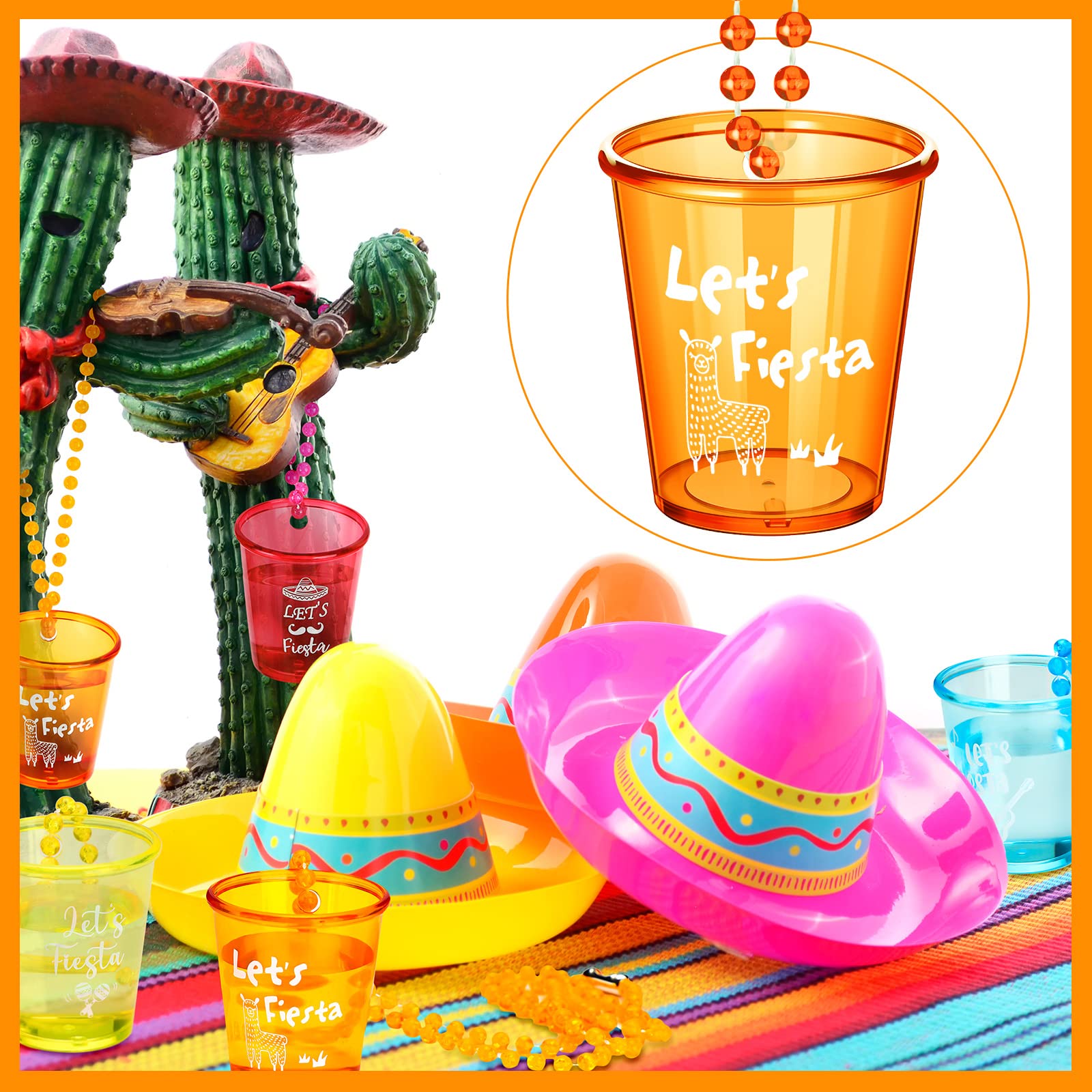 12 Packs Let's Fiesta Shot Glass Necklaces Bead Cinco De Mayo Necklace Plastic Shot Glasses Party Necklaces Mexican Shot Necklace Cup for Bachelorette Party Favors Fiesta Party Supplies, Multi Color