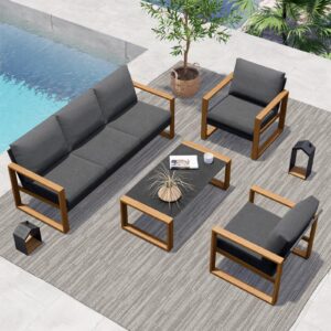 grand patio outdoor 4-piece modern aluminum patio furniture sets 5 person conversation set, faux wood grain finish frame sofa with removable olefin extra thick cushions and coffee table for garden