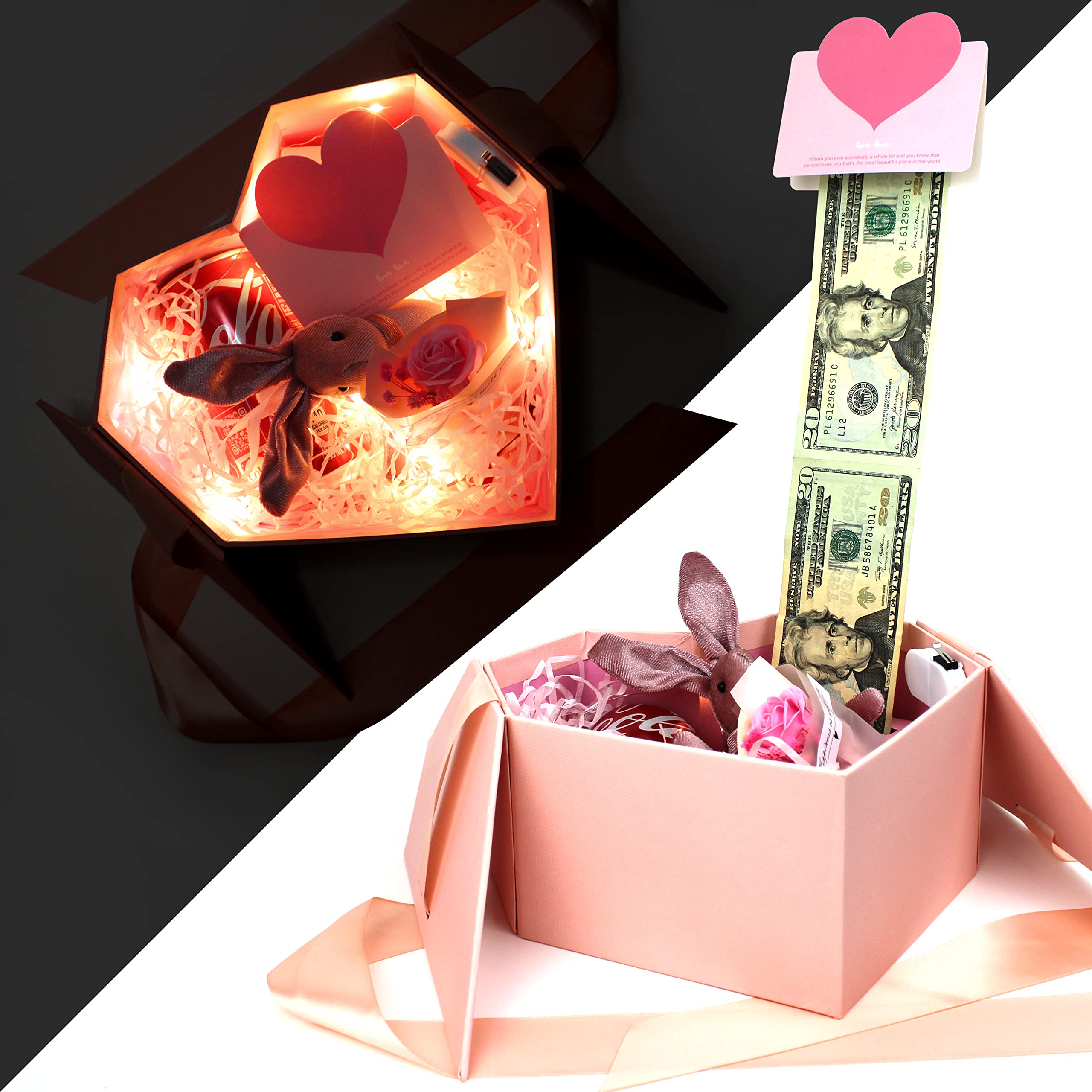 Money Box for Cash Gift Pull Pink - Money Gift Box for Cash Gift Ideas-Love Box with Money Pull Out KIT & Automatic ON/Off String Light - Birthday Money Pull Box Surprise Money Box.