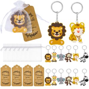 90 pcs cute jungle animal keychains 30 sets zoo animals party favors safari animal keychains with thank you kraft tags and white organza bags for baby shower birthday party decorations