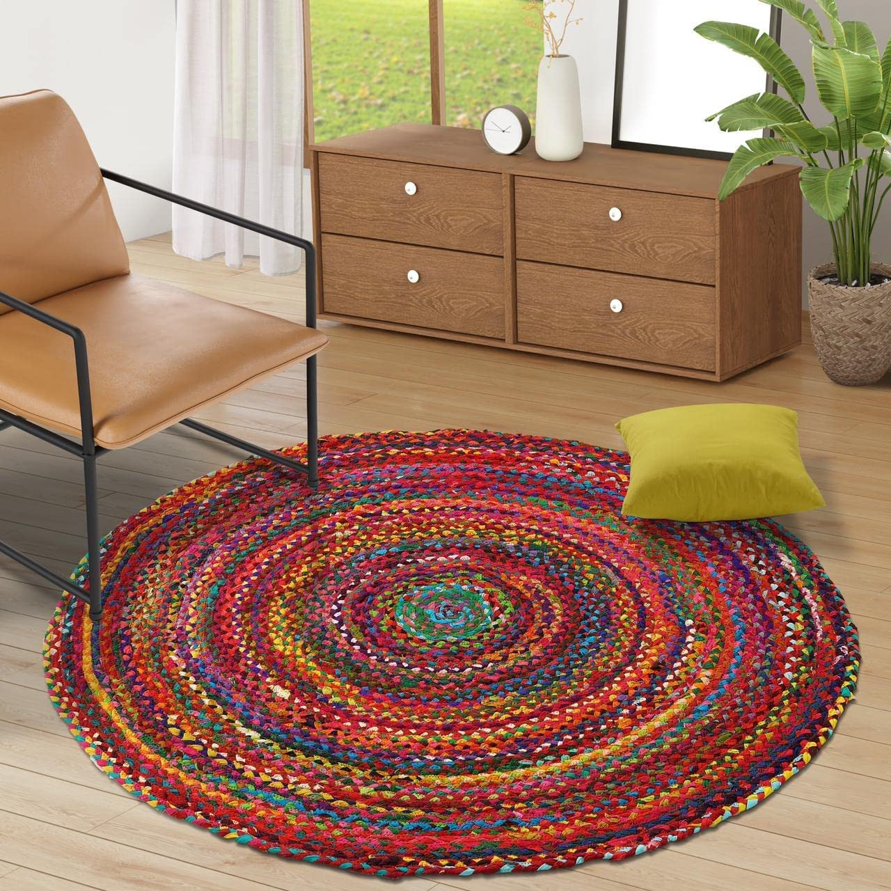 GRUHUM Cotton Area Rug 5ft-Natural Fiber Round Multicolour Handmade Boho Charm Farmhouse Soft Braided Rustic Vintage for Living Room Bedroom Indoor EcoFriendly Kitchen Enterways Hallways(5'ft Round)