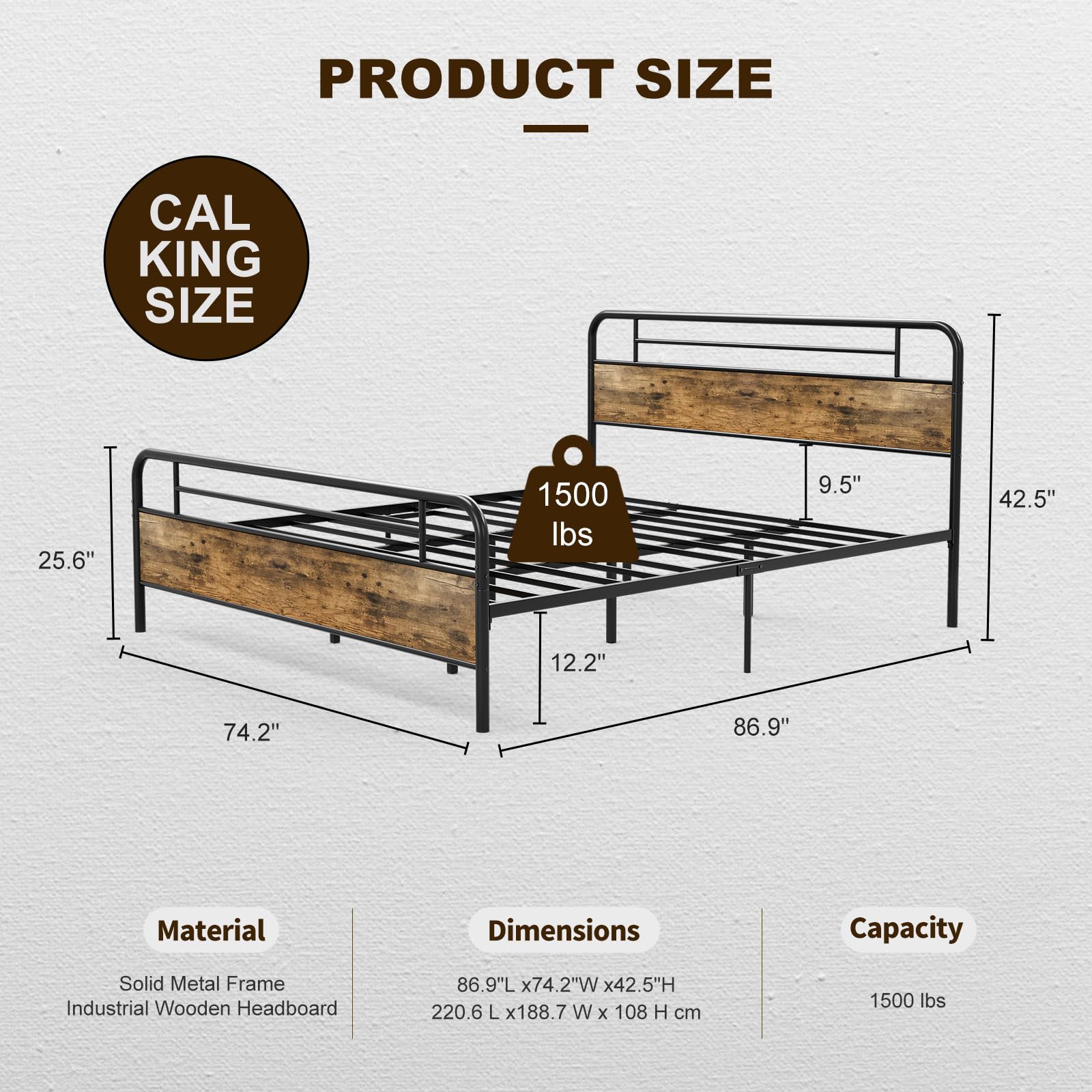 IKIFLY California King Bed Frames with Wood Headboard Footboard, Farmhouse Metal Cal King Platform Bed, Heavy Duty Steel Slats, 12" Under Bed Storage, Noise Free, No Box Spring Needed - Rustic Brown