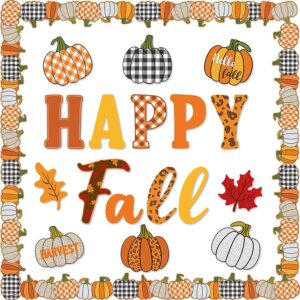 beyumi 93pcs happy fall pumpkin cutouts bulletin board set hello fall cutouts with farmhouse pumpkin borders trim halloween thanksgiving theme party decoration supplies for home sweet classroom school