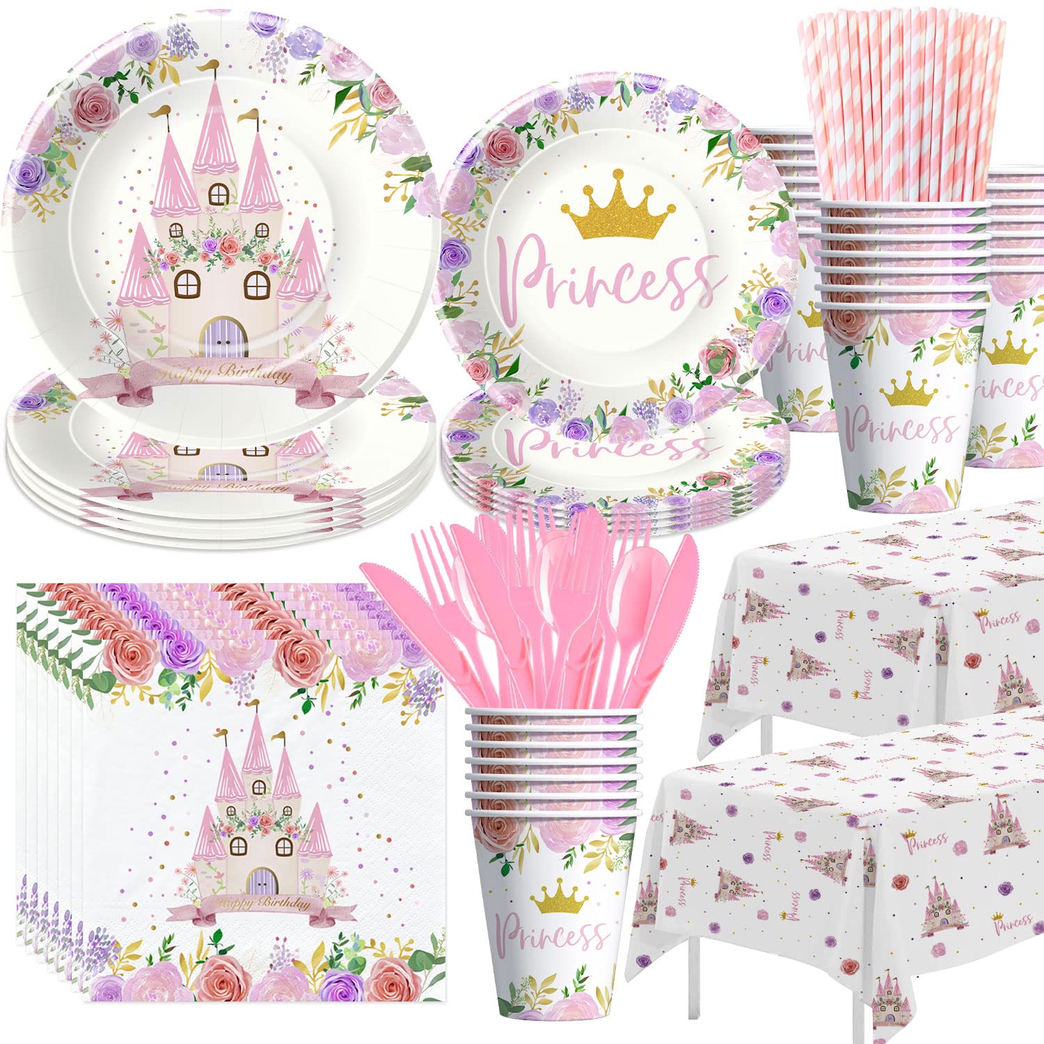 HIPVVILD Princess Party Decorations Tableware - Princess Birthday Party Supplies Include Plates, Cups, Napkins, Tablecloth, Cutlery, Straw, Princess Birthday Baby Shower Party Decorations | Serve 24