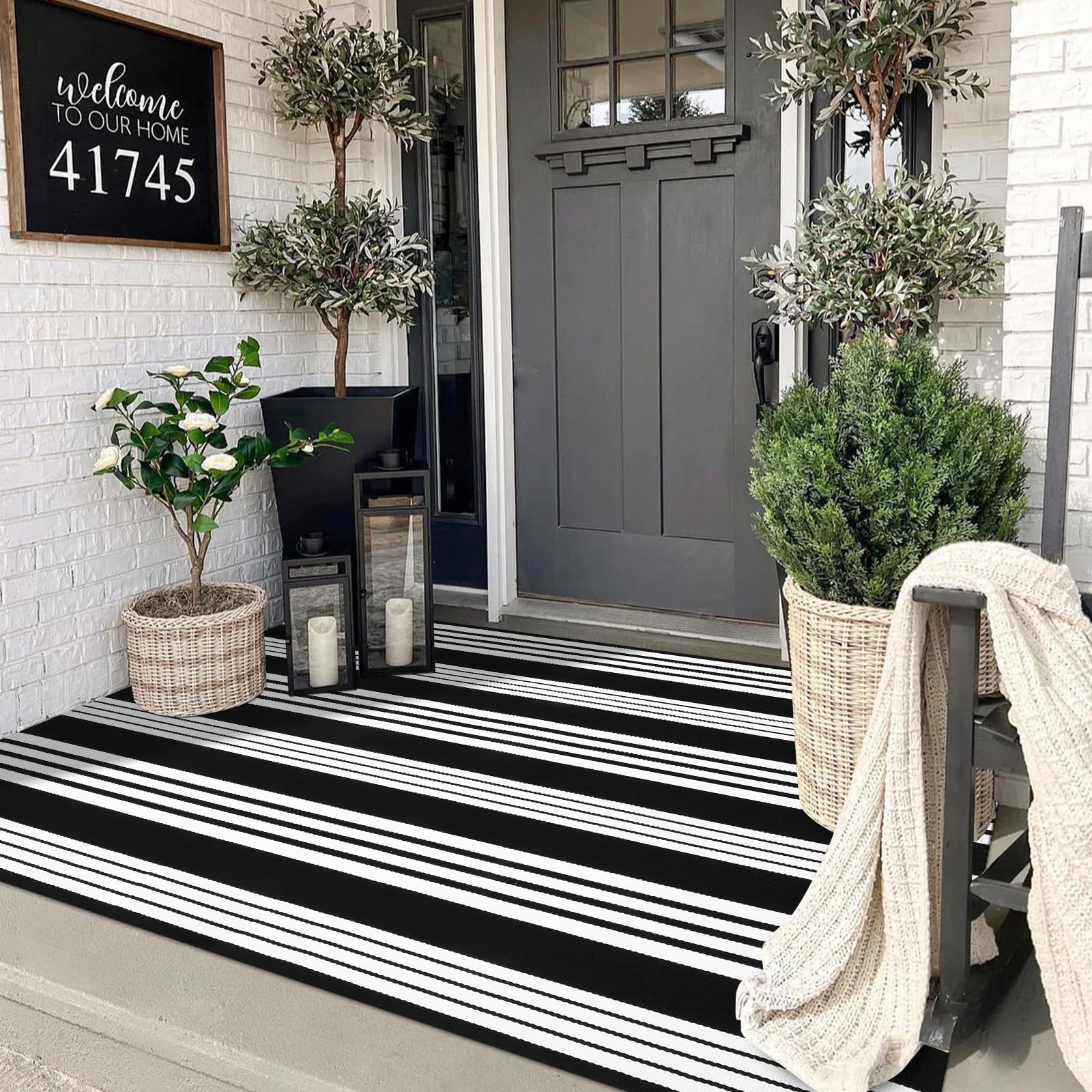 Tiveney Outdoor Rug Washable Area Rug 5'X7', Patio Rug Porch Rug Large Door Mat Cotton Woven Living Room Rug Indoor Black and White Outdoor Rugs for Entryway/Farmhouse/Kitchen/Foyer/Deck/Backyard