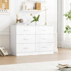 FOTOSOK White Dresser, 47.2'' Large 6 Drawer Dresser Wide Chest of Drawers for TV Stand, Modern Dresser White Floor Storage Drawer Cabinet for Home Office, White