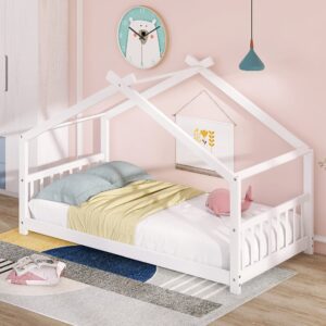 aocoroe wood house bed twin bed frame for boys and girls, twin size playhouse-design montessori floor bed platform bed frame,no box-spring needed