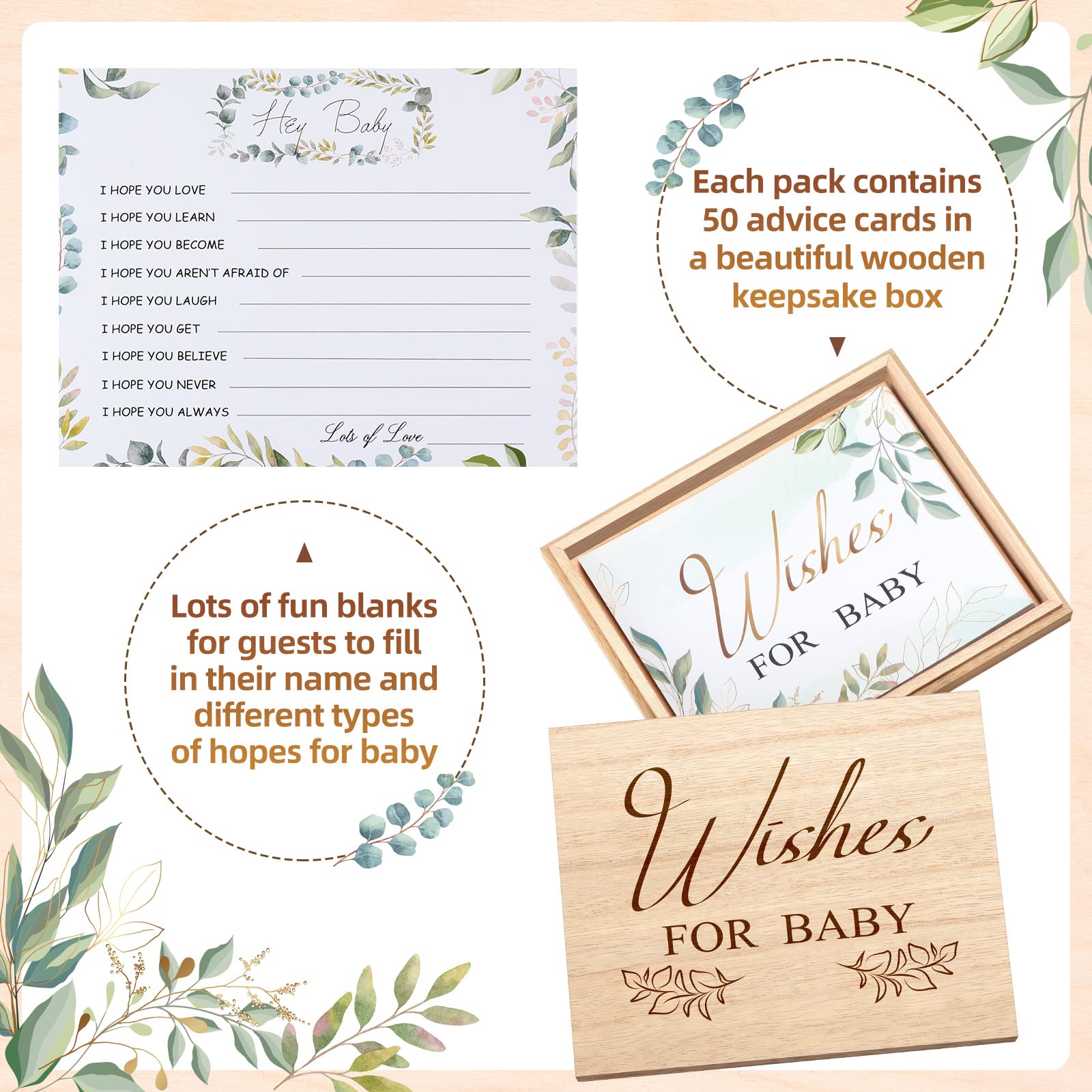 Junkin 50 Pack Baby Shower Advice Cards and Wood Baby Keepsake Box, Baby Advice Cards Wishes for Baby Cards for Baby Shower Games Invitations Gifts, 5 x 4 Inch (Leaves)