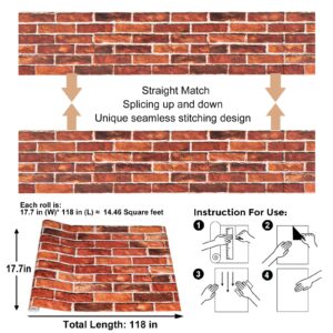 Brick Wallpaper Peel and Stick Red Brick Wallpaper for Bedroom 17.7" X 118" Faux Brick Pattern Wallpaper for Fireplace Kitchen Accent Wall Home Decoration Party Brick Wrapping Paper Backdrop