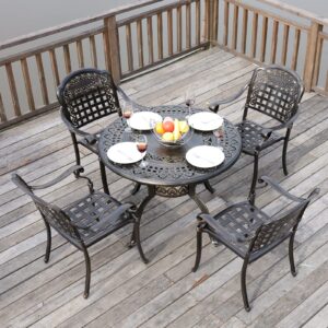 VIVIJASON 5-Piece Outdoor Patio Furniture Dining Set, All-Weather Cast Aluminum Conversation Set, Include 4 Chairs and 38.5" Round Table w/Umbrella Hole for Balcony, Lawn, Garden, Backyard