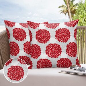 Waterproof Outdoor Throw Pillow Cover Hydrangea Flowers Lumbar Pillowcases Set of 2 Red Grey Floral Decorative Patio Furniture Pillows for Couch Garden 18 x 18 Inches