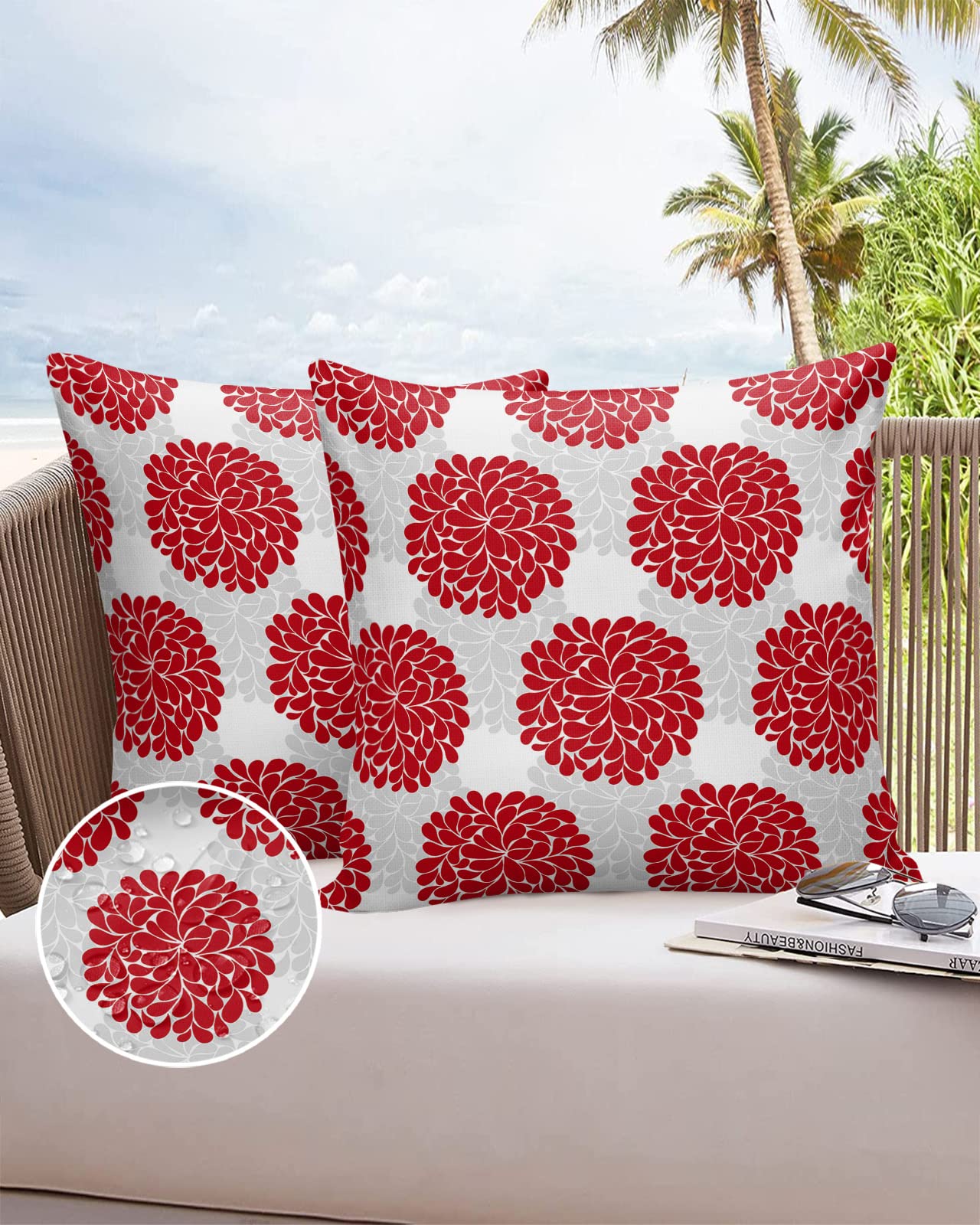 Waterproof Outdoor Throw Pillow Cover Hydrangea Flowers Lumbar Pillowcases Set of 2 Red Grey Floral Decorative Patio Furniture Pillows for Couch Garden 18 x 18 Inches