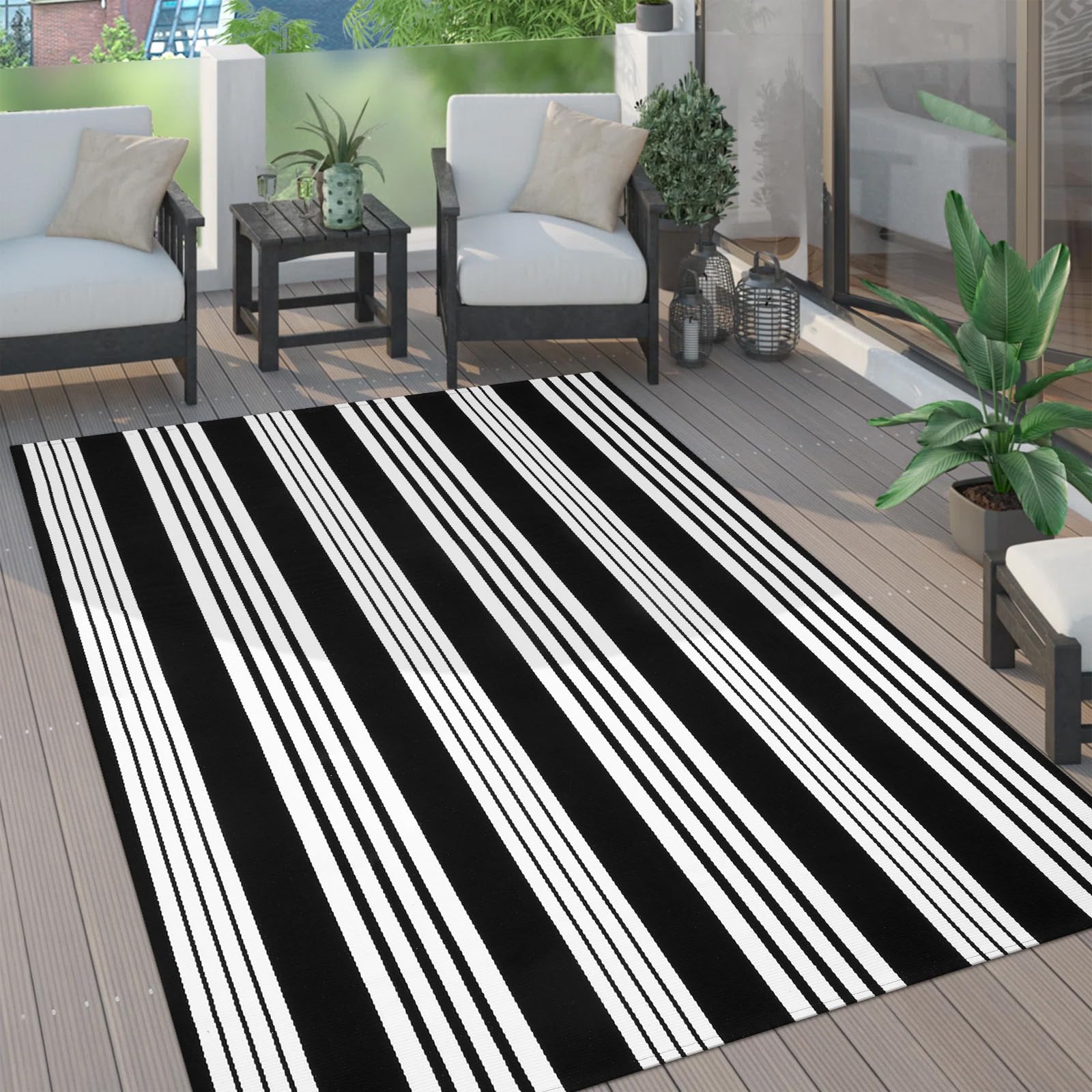 Tiveney Outdoor Rug Washable Area Rug 5'X7', Patio Rug Porch Rug Large Door Mat Cotton Woven Living Room Rug Indoor Black and White Outdoor Rugs for Entryway/Farmhouse/Kitchen/Foyer/Deck/Backyard