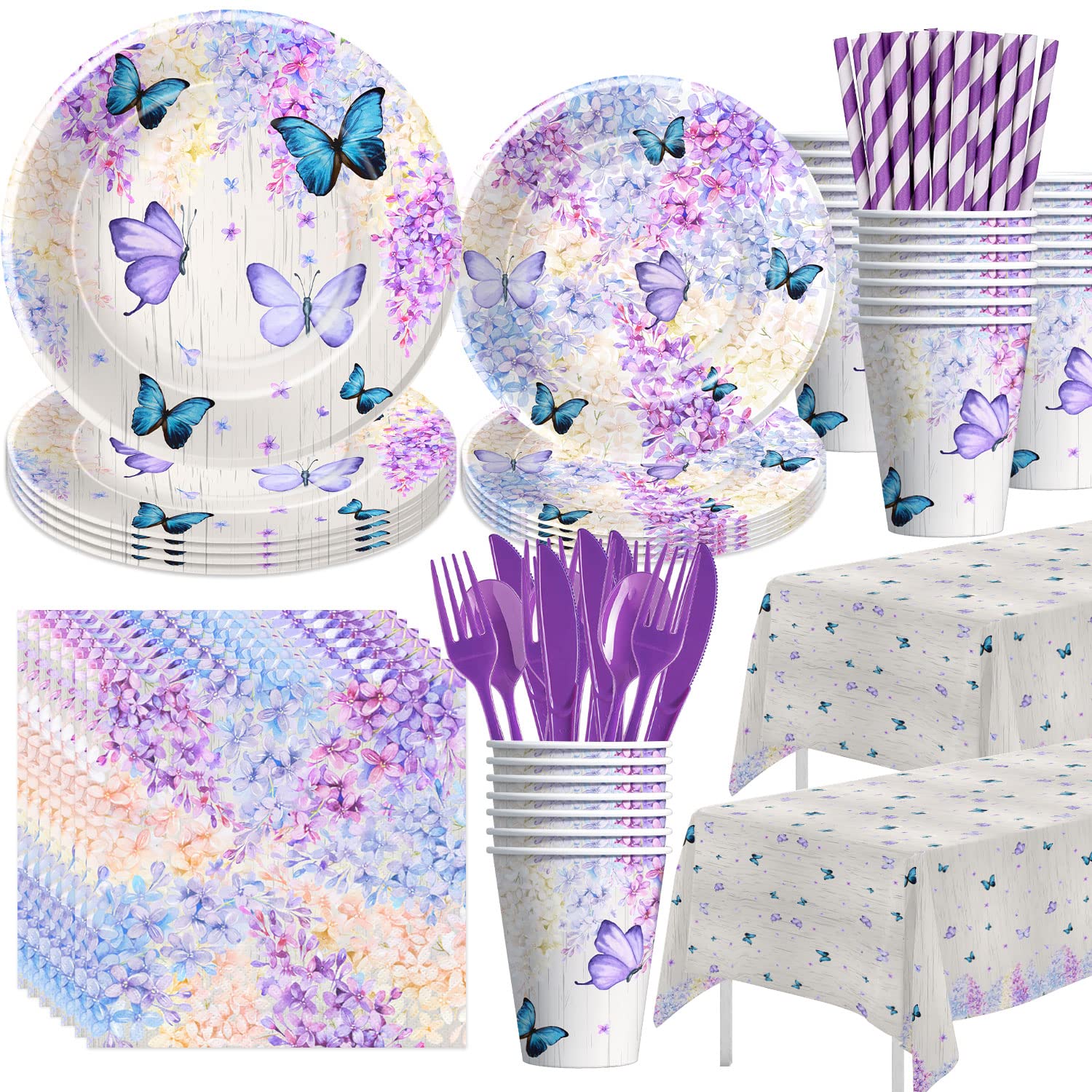 HIPVVILD Butterfly Party Decorations Tableware - Butterfly Birthday Party Supplies, Plate, Napkin, Cup, Tablecloth, Cutlery, Straw, Hydrangea Butterfly Baby Shower Decorations Dinnerware | Serve 24