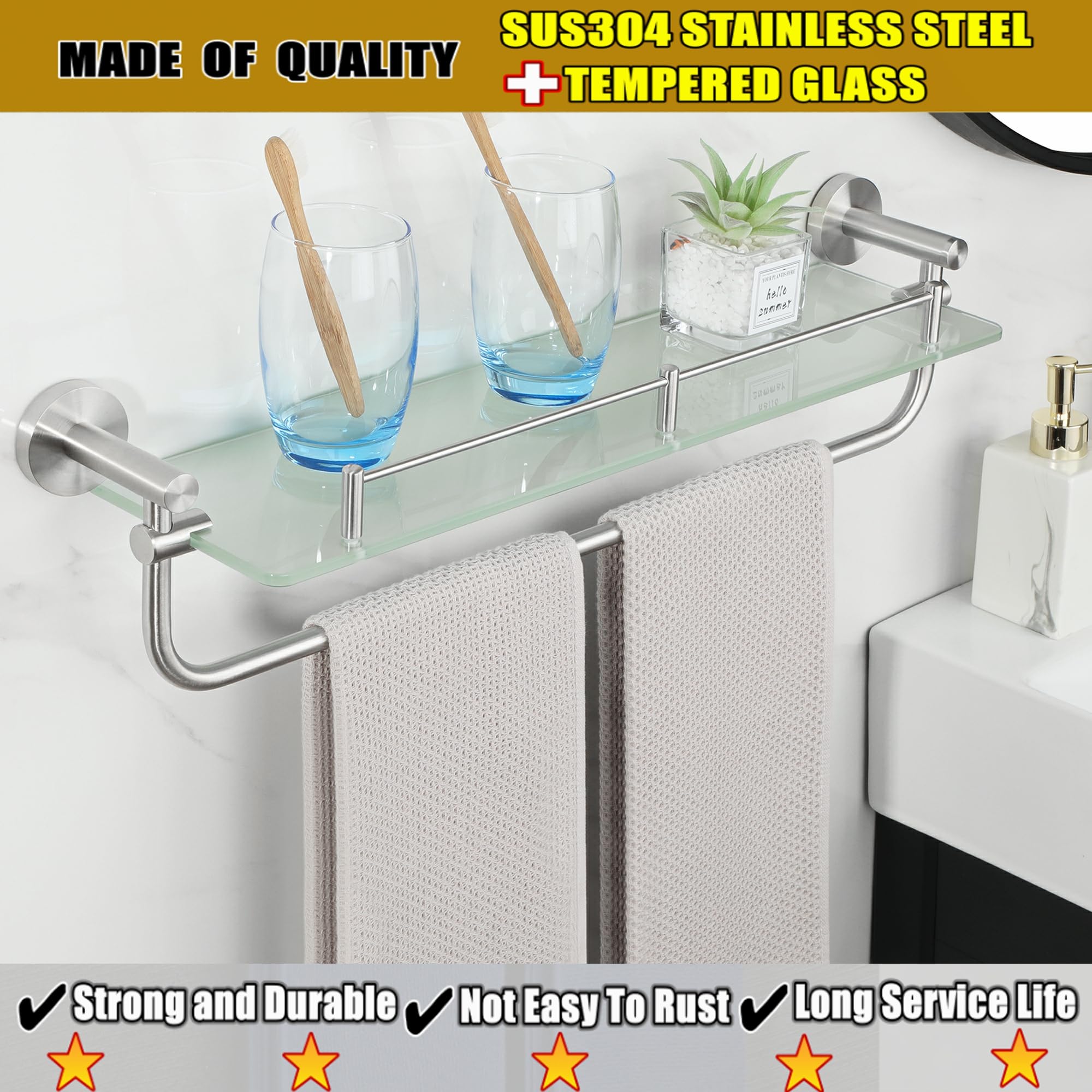 Alise Bathroom Shelves Glass Shelf with Bar,Wall Mount Floating Shelves for Bathroom,Tempered Glass Rack Holder Storage Organizer,GDL8600-LS SUS 304 Stainless Steel Brushed Nickel 24 Inch