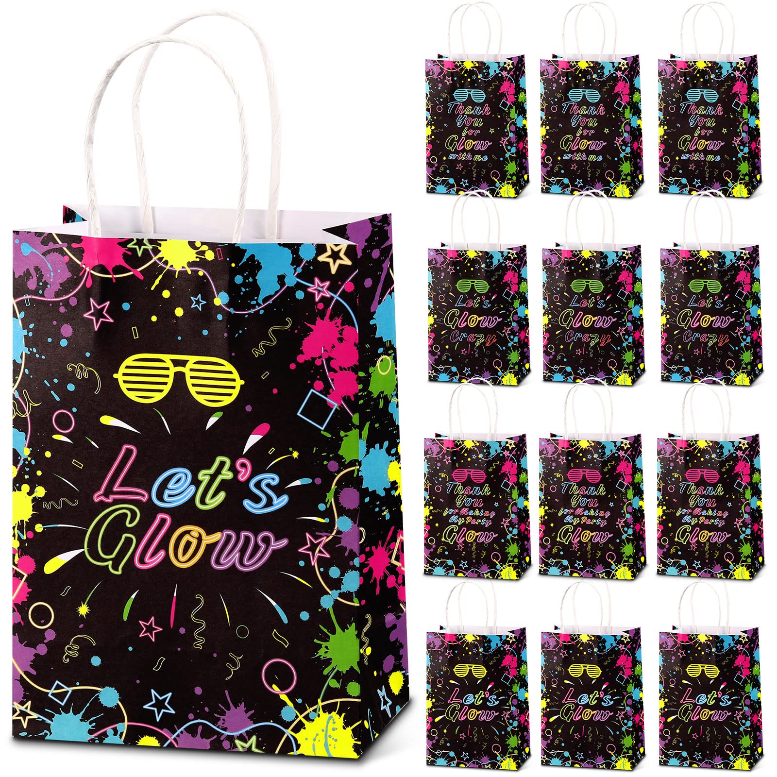 Nezyo 24 Pack Neon Bags Themed Let's Glow Party Favor Thank You for Glowing with Me Goodie Bags with Handle for Glow in Dark Party Retro 80s 90s Birthday Halloween Party Decoration Supplies