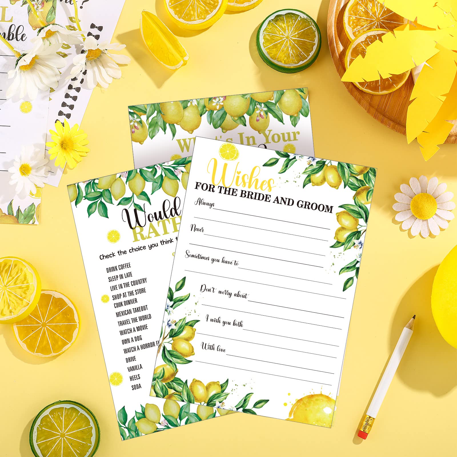 Leinuosen 220 Pcs Lemon Bridal Shower Games Set Wedding Shower Game Supplies Include Bridal Games Cards and Pencils for Bachelorette Engagement Party Decorations Favors