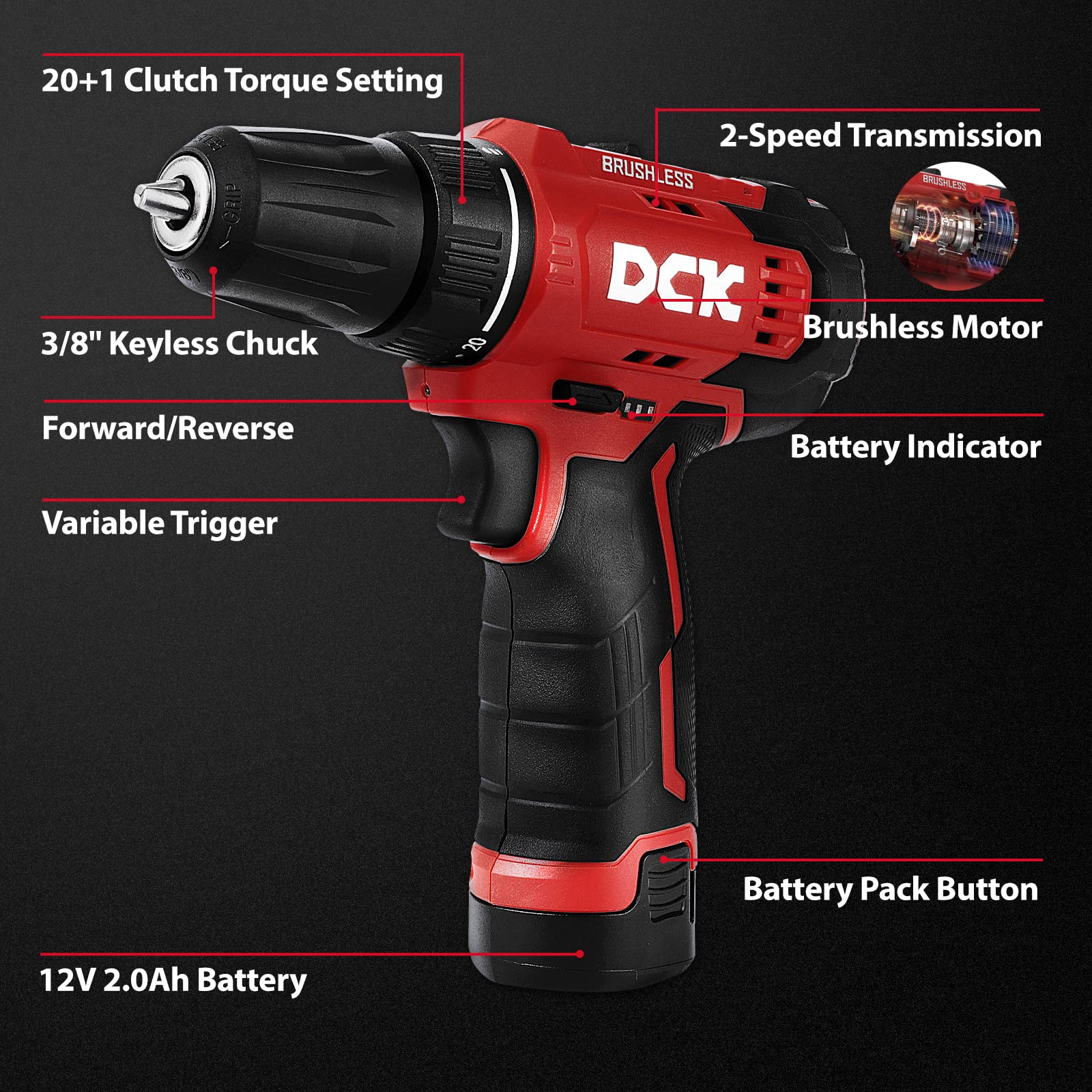 DCK Brushless Drill Set, 310 in.lbs，12V Max Cordless Drill with 2.0Ah Battery, 3/8’’ Keyless Chuck, 2 Variable Speeds, 20+1 Torque Power Tool Kit for Screw Wood/Ceramic/Tile/Metal KDJZ23-10