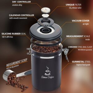 Coffee Canister Airtight Coffee Container - Stainless Steel Coffee Storage for Beans, Grounds, Tea, Sugar - Coffee Containers with Date Tracker, Scoop, CO2 Valve Filters, Large Coffee Jar 22oz, Black