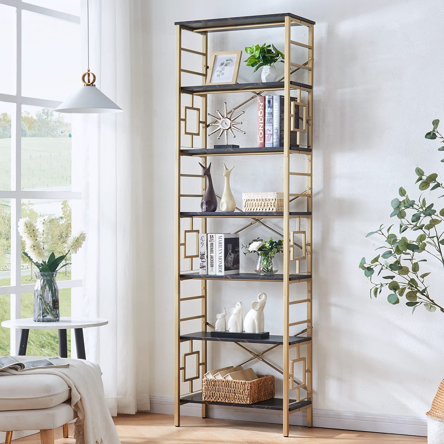 HOMISSUE Bookcase,7-Tier Tall Bookshelf Metal Bookcase and Bookshelves, Free Standing Storage Modern Bookshelf for Home Office Living Room and Bedroom, Black & Gold