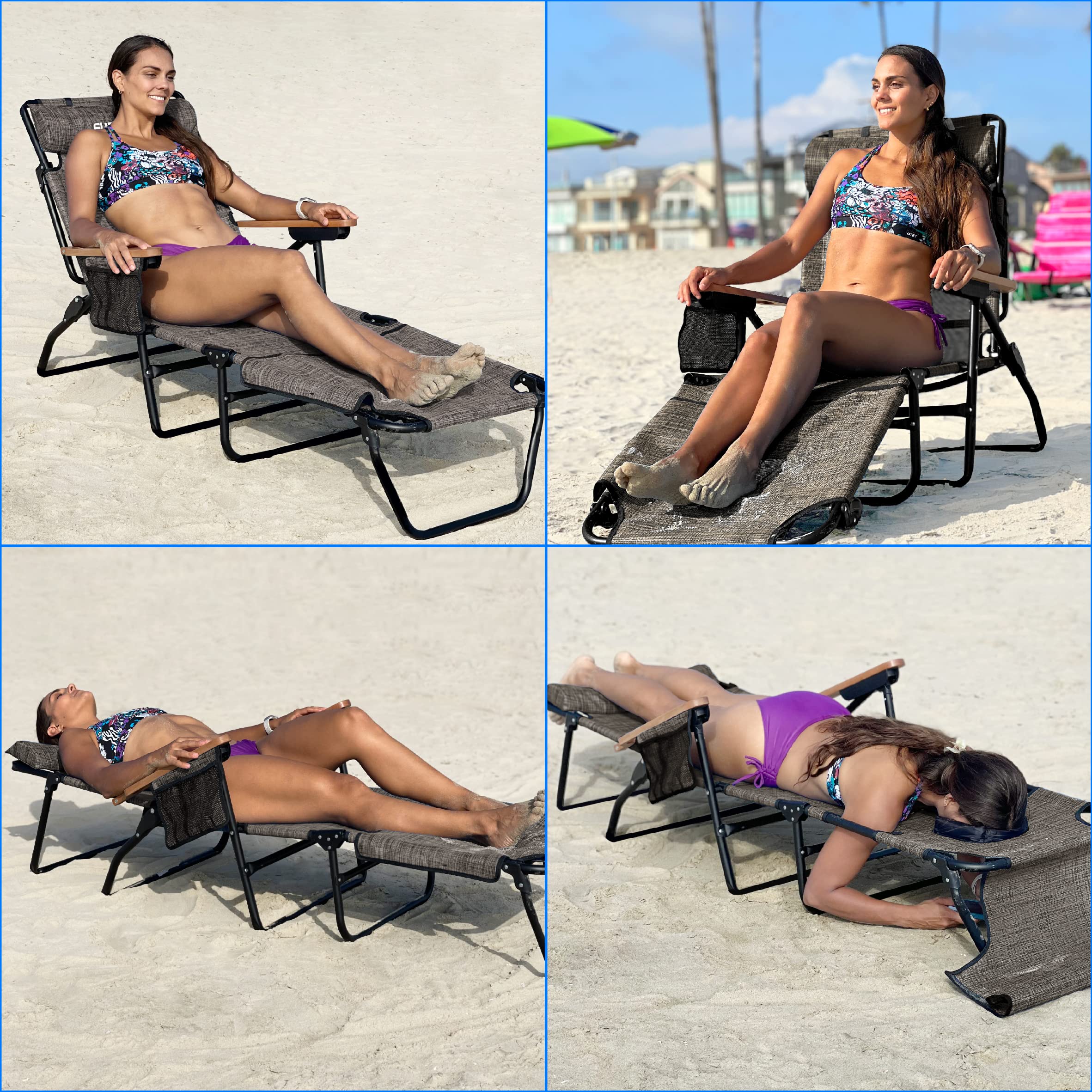 EASYGO PRODUCTS FLIP Face Down Tanning Chaise Lounge Chair with Face & Arm Holes - 4 Legs Support - Textilene Material - 6 Position - Arm Head Rest Pillow - Beach or Home Use - PATENTS Pending, Brown