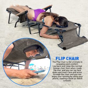 EASYGO PRODUCTS FLIP Face Down Tanning Chaise Lounge Chair with Face & Arm Holes - 4 Legs Support - Textilene Material - 6 Position - Arm Head Rest Pillow - Beach or Home Use - PATENTS Pending, Brown