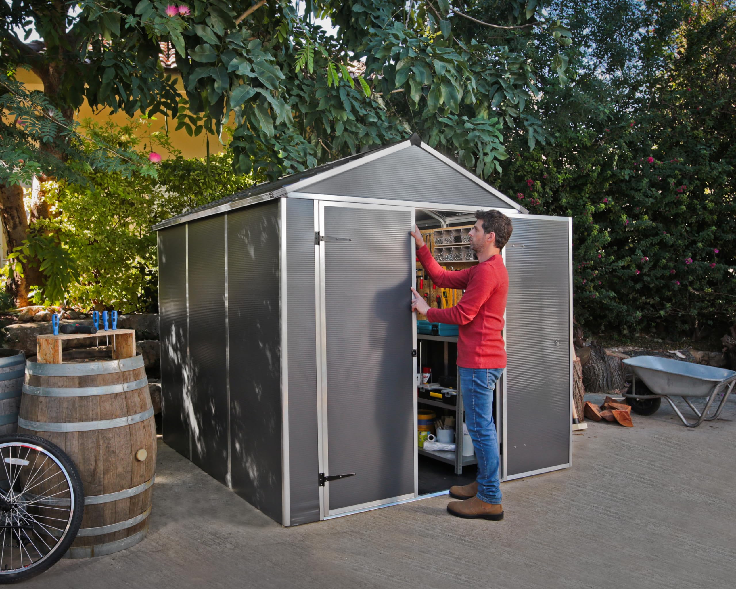 Palram - Canopia Rubicon Storage Shed, 6'x8' DIY Backyard Shed, Gray Polycarbonate Panels and Aluminum Frame, Sheds & Outdoor Storage for Lawn Mower, Bike, Garden Tools, Outdoor Storage Box Shed