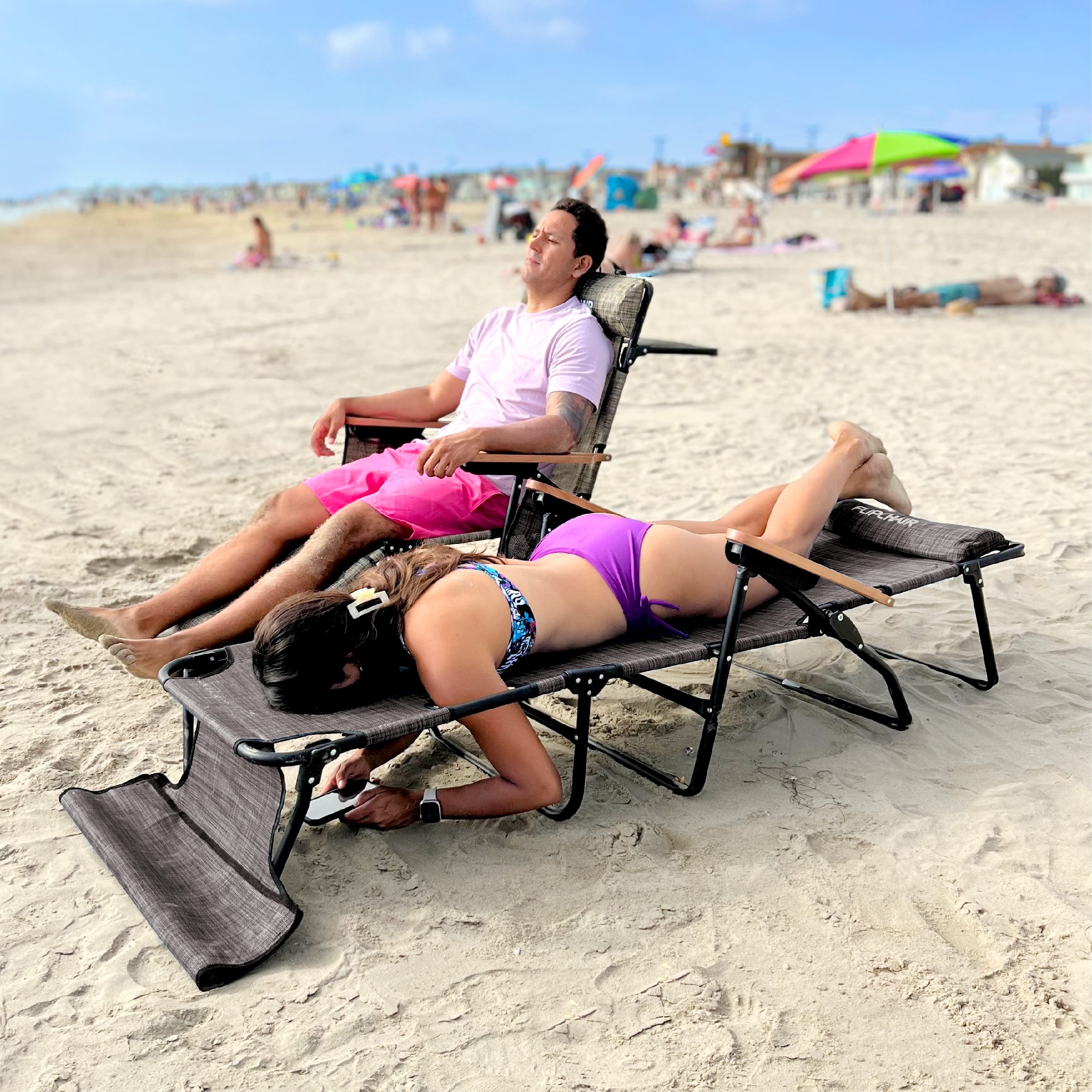 EASYGO PRODUCTS FLIP Face Down Tanning Chaise Lounge Chair with Face & Arm Holes - 4 Legs Support - Textilene Material - 6 Position - Arm Head Rest Pillow - Beach or Home Use - PATENTS Pending, Brown