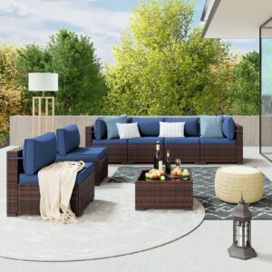 Amopatio Patio Furniture Set 7 Pieces Patio Conversation Set Outdoor Sectional Wicker Rattan Sofa with All-Weather Cover, Patio Furniture with Pillows Fits Porch Garden Backyard Balcony (Navy)