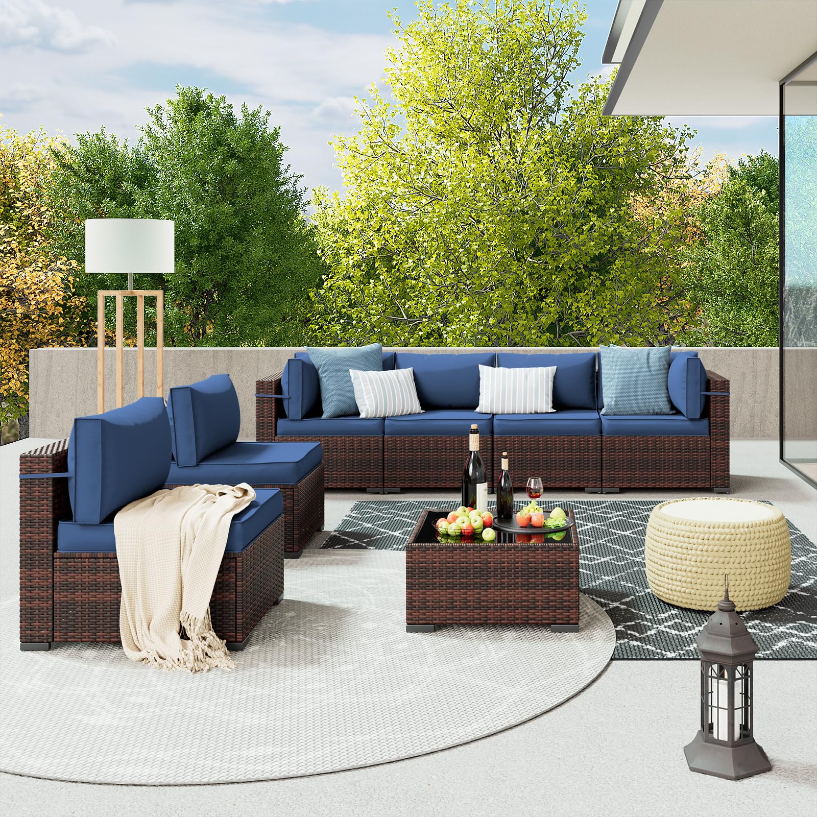 Amopatio Patio Furniture Set 7 Pieces Patio Conversation Set Outdoor Sectional Wicker Rattan Sofa with All-Weather Cover, Patio Furniture with Pillows Fits Porch Garden Backyard Balcony (Navy)