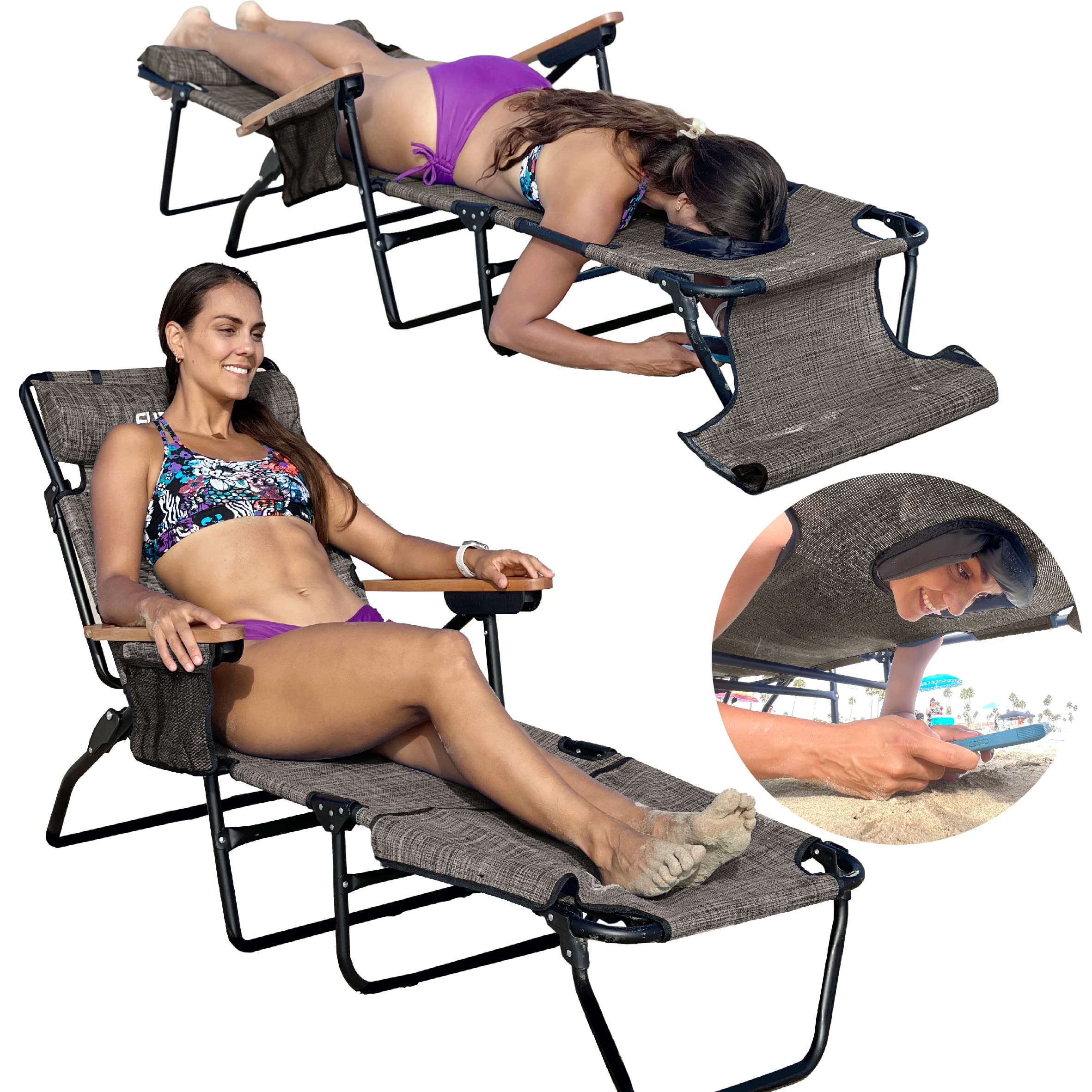 EASYGO PRODUCTS FLIP Face Down Tanning Chaise Lounge Chair with Face & Arm Holes - 4 Legs Support - Textilene Material - 6 Position - Arm Head Rest Pillow - Beach or Home Use - PATENTS Pending, Brown