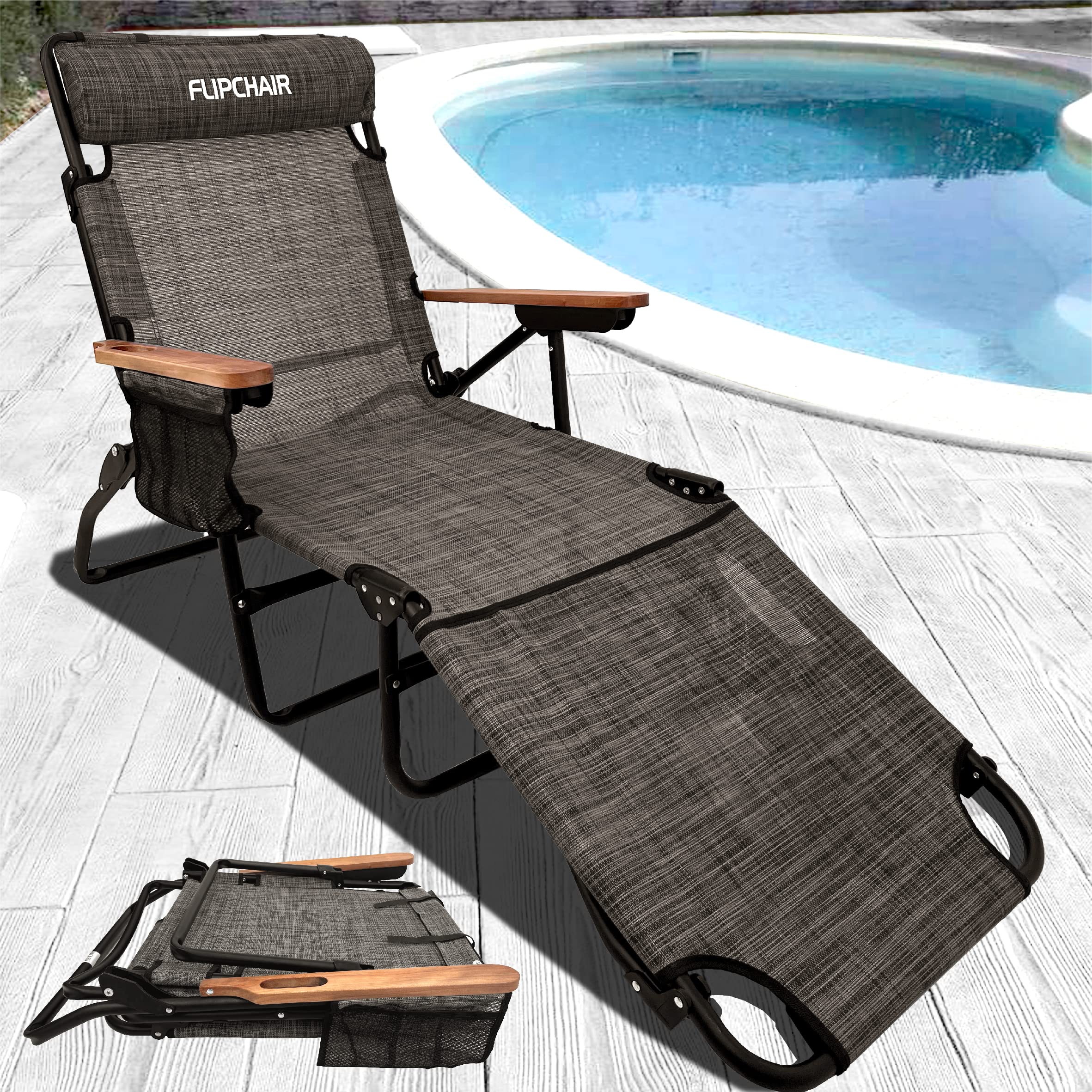 EASYGO PRODUCTS FLIP Face Down Tanning Chaise Lounge Chair with Face & Arm Holes - 4 Legs Support - Textilene Material - 6 Position - Arm Head Rest Pillow - Beach or Home Use - PATENTS Pending, Brown