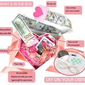 Money Box for Cash Gift Pull Pink - Money Gift Box for Cash Gift Ideas-Love Box with Money Pull Out KIT & Automatic ON/Off String Light - Birthday Money Pull Box Surprise Money Box.