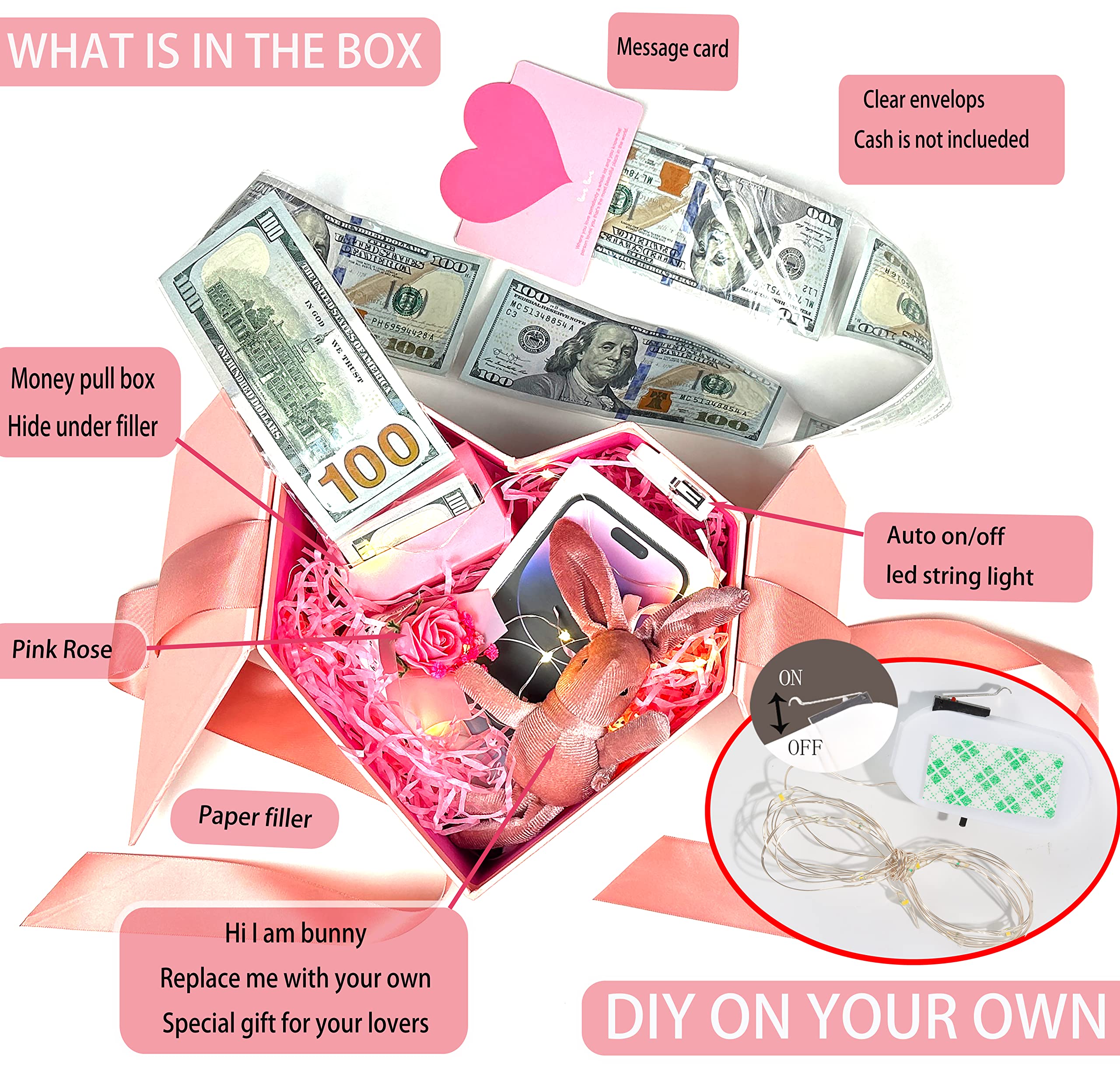 Money Box for Cash Gift Pull Pink - Money Gift Box for Cash Gift Ideas-Love Box with Money Pull Out KIT & Automatic ON/Off String Light - Birthday Money Pull Box Surprise Money Box.