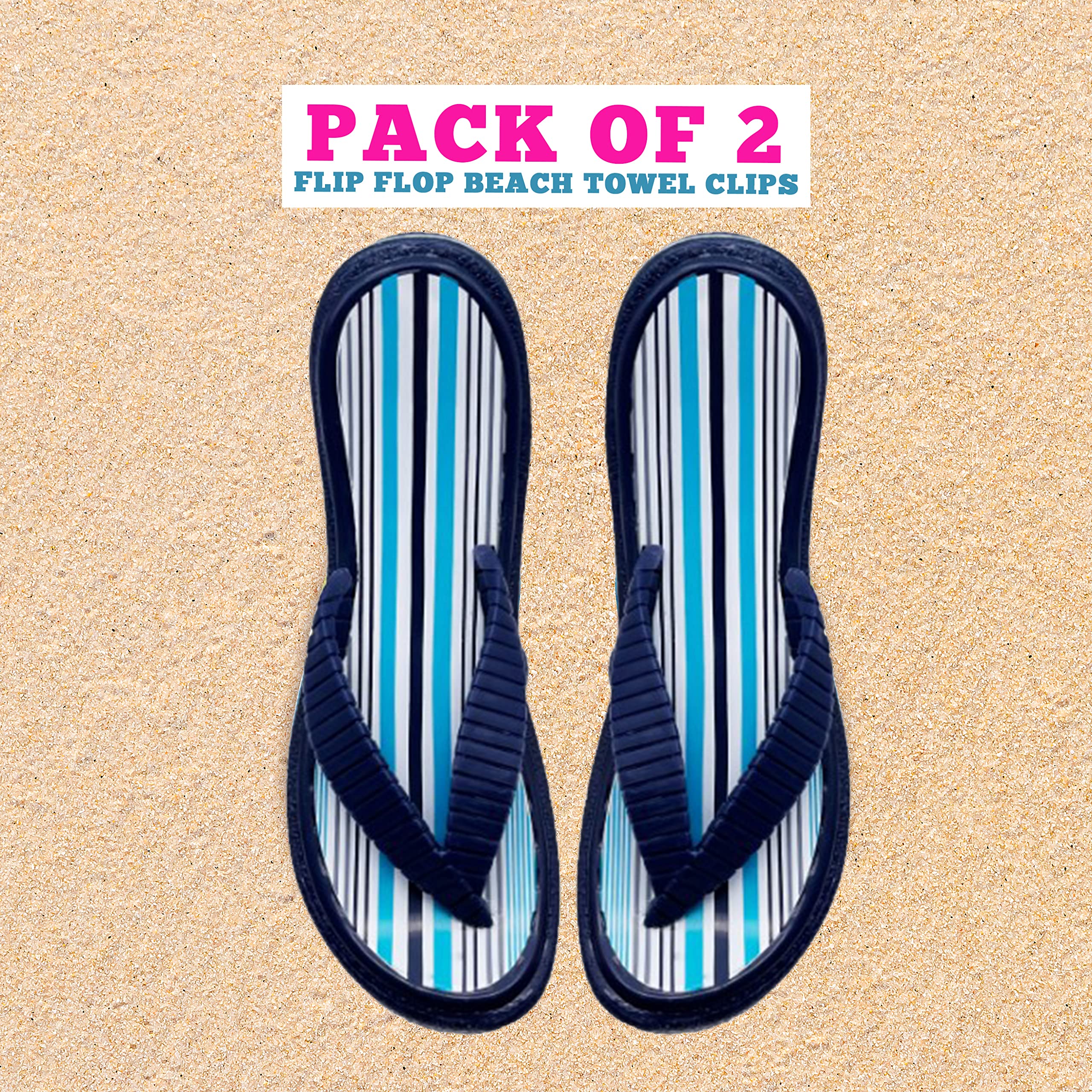 PERFORMORE Flip Flop Beach Towel Clips (Blue Strap), 2-Pack, Portable Towel Holder Clips, Secure Clips for Beach Chairs Deck Patio Pool Boat Cruise Lounge Chair Accessories