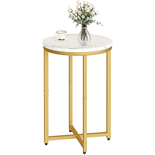 DKLGG Modern Gold Side Table, Small Coffee Table Round End Table with Gold Frame, Marble Side Table Bedside Table for Living Room, Bedroom, Small Space, 16" D*24" H