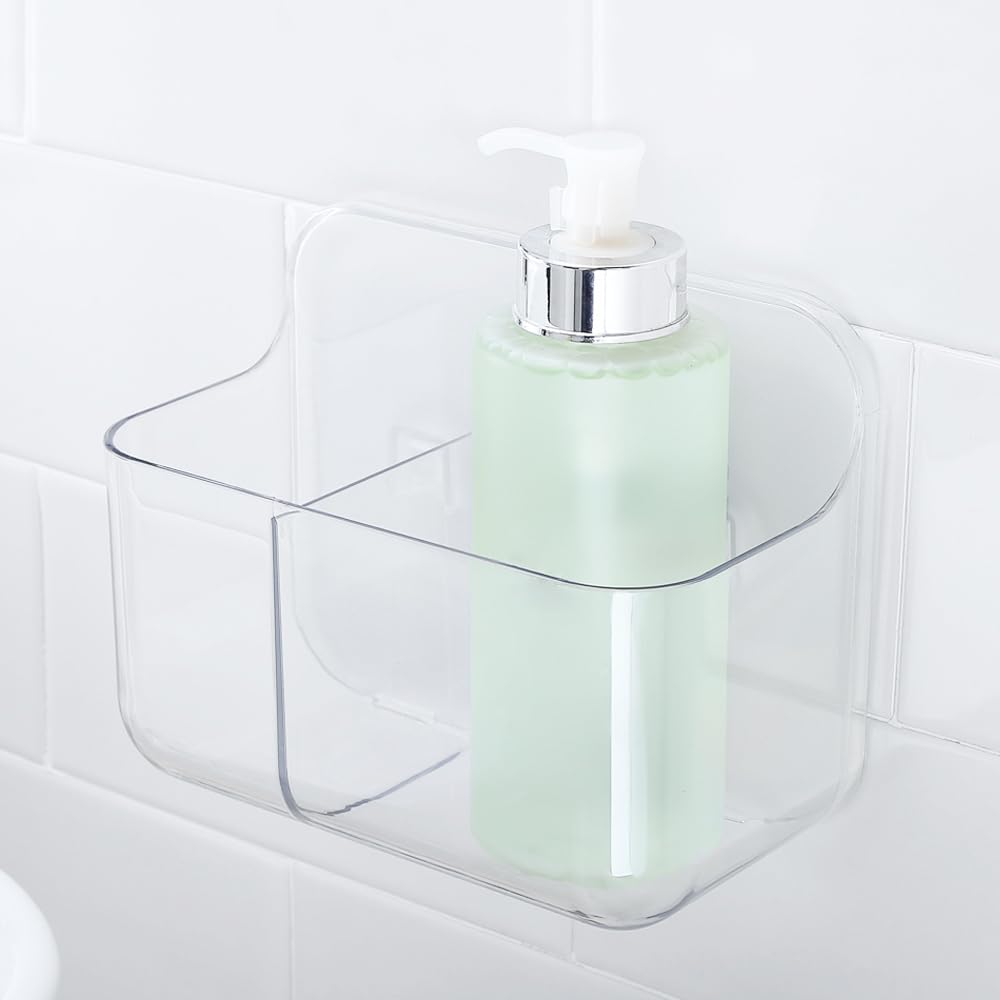 Lunmore Plastic Wall Mount Organizer, Clear Adhesive Shower Storage Box Organizer No Drilling Hang Walls/Doors for Kitchen, Bathroom, Bedroom, Cabinet, Office, Craft Room (Small Size with Divider)